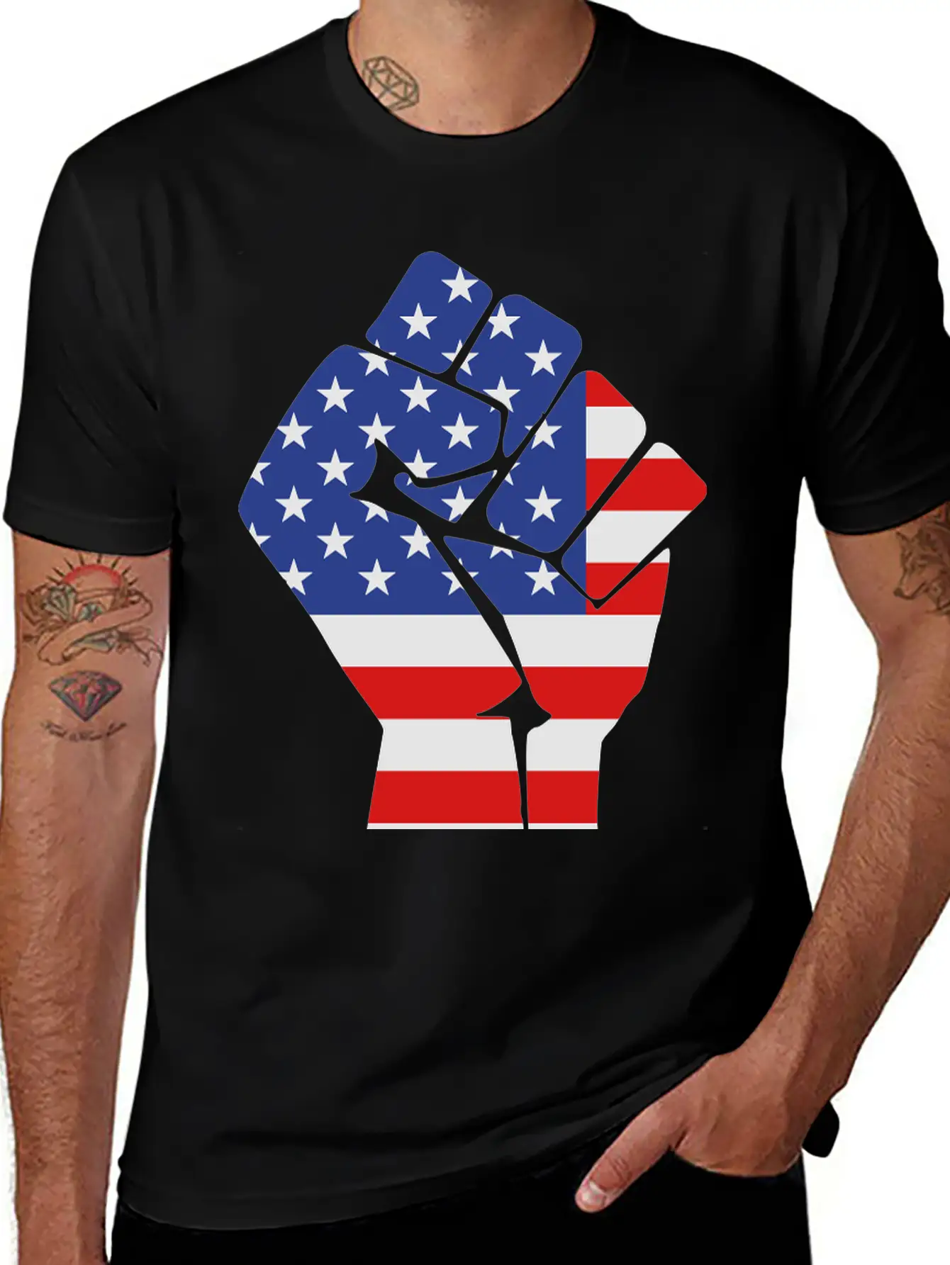 Fist With Flag Of The USA (variable Colors!) Stylish Everyday T-Shirt – Unisex Basic Cotton Tee