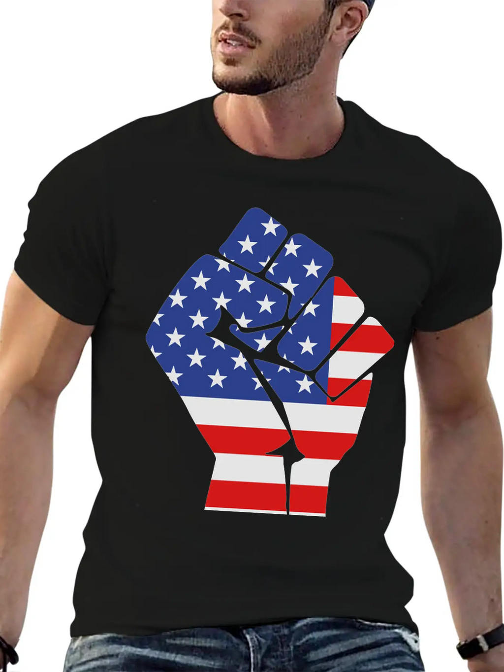 Fist With Flag Of The USA (variable Colors!) Stylish Everyday T-Shirt – Unisex Basic Cotton Tee