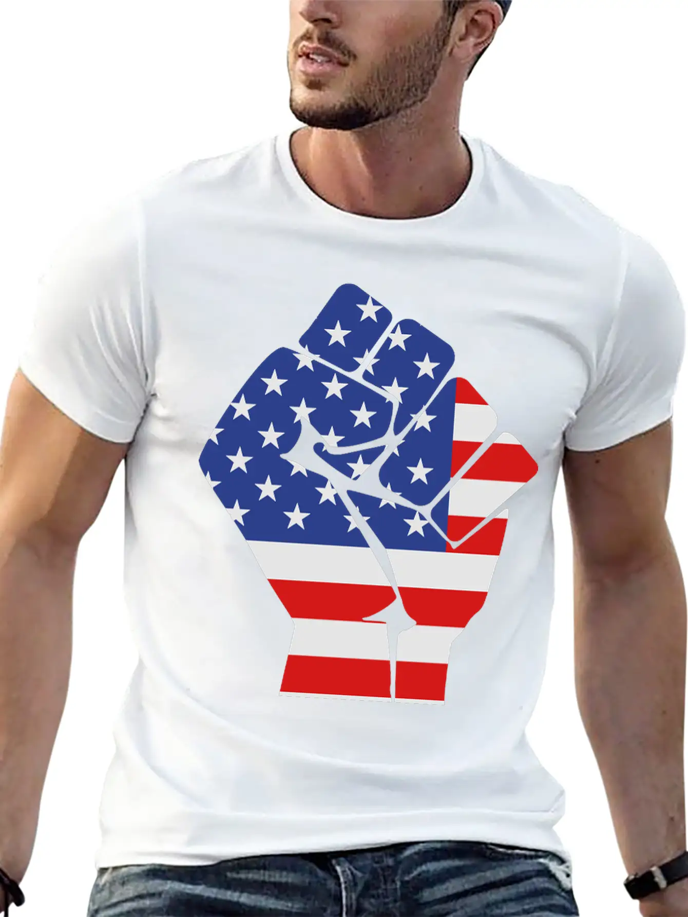 Fist With Flag Of The USA (variable Colors!) Stylish Everyday T-Shirt – Unisex Basic Cotton Tee