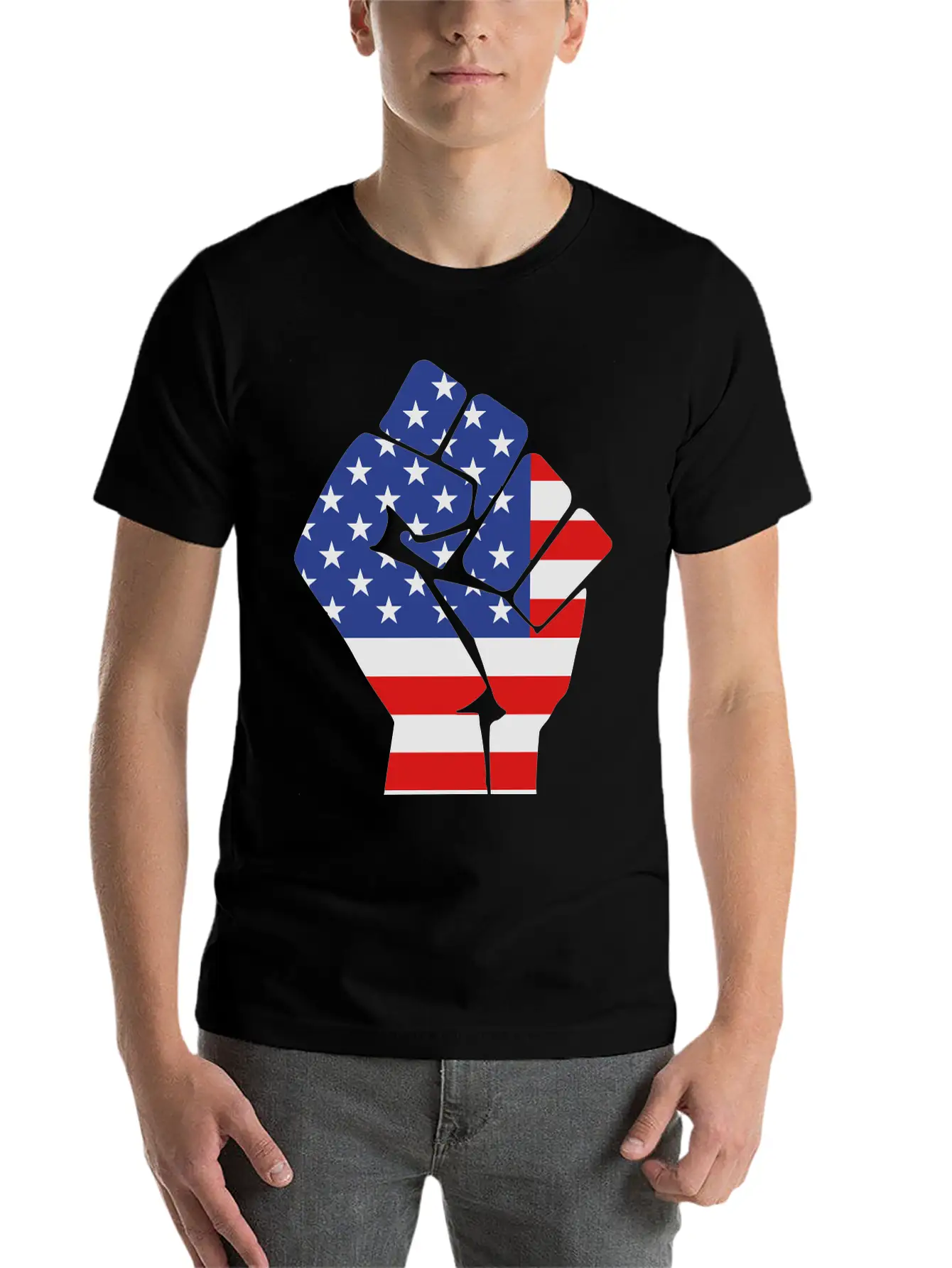 Fist With Flag Of The USA (variable Colors!) Stylish Everyday T-Shirt – Unisex Basic Cotton Tee