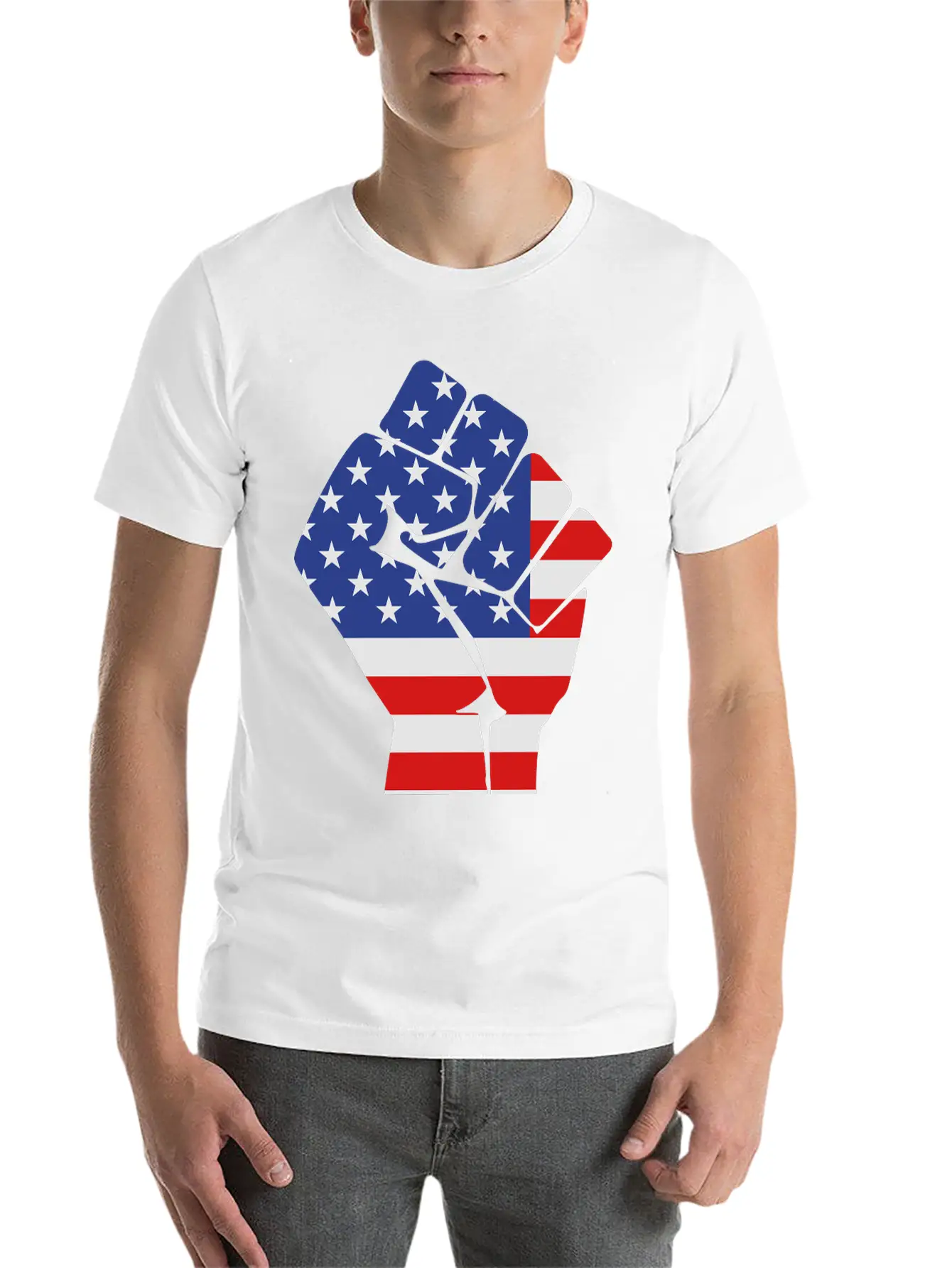 Fist With Flag Of The USA (variable Colors!) Stylish Everyday T-Shirt – Unisex Basic Cotton Tee
