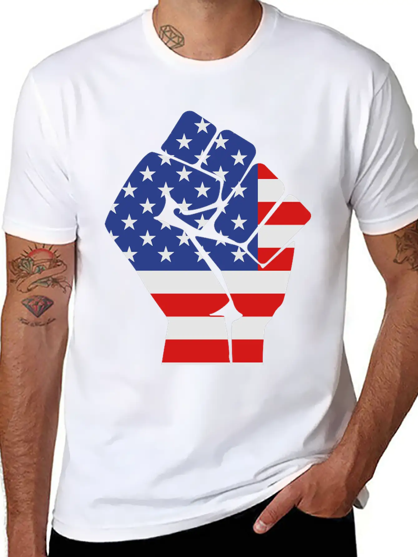 Fist With Flag Of The USA (variable Colors!) Stylish Everyday T-Shirt – Unisex Basic Cotton Tee