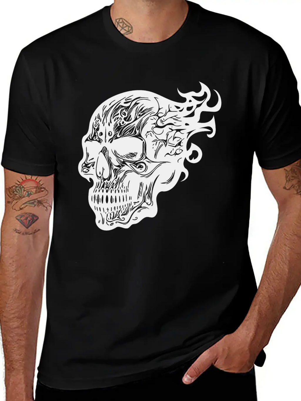 Flaming Tattoo Fire Skull Stylish Everyday T-Shirt – Unisex Basic Cotton Tee