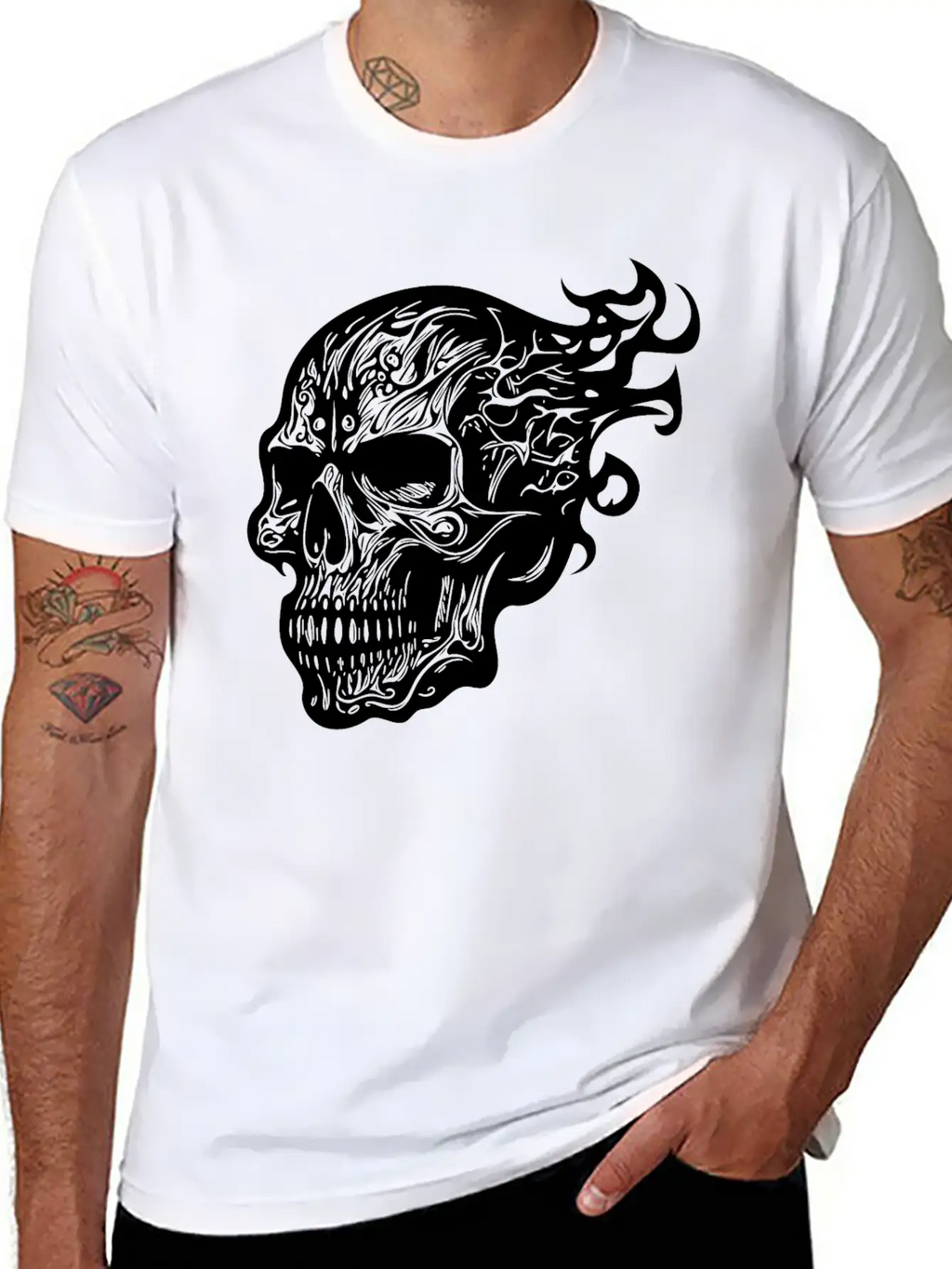 Flaming Tattoo Fire Skull Stylish Everyday T-Shirt – Unisex Basic Cotton Tee