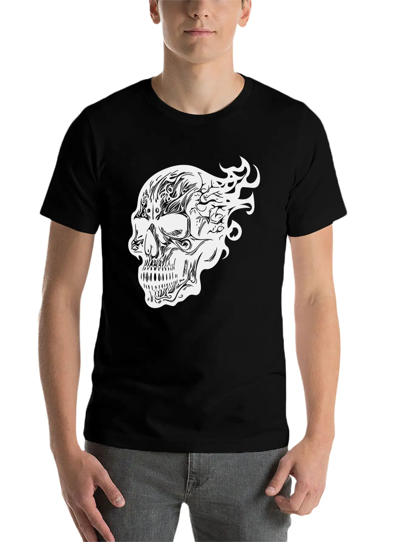 Flaming Tattoo Fire Skull Stylish Everyday T-Shirt – Unisex Basic Cotton Tee