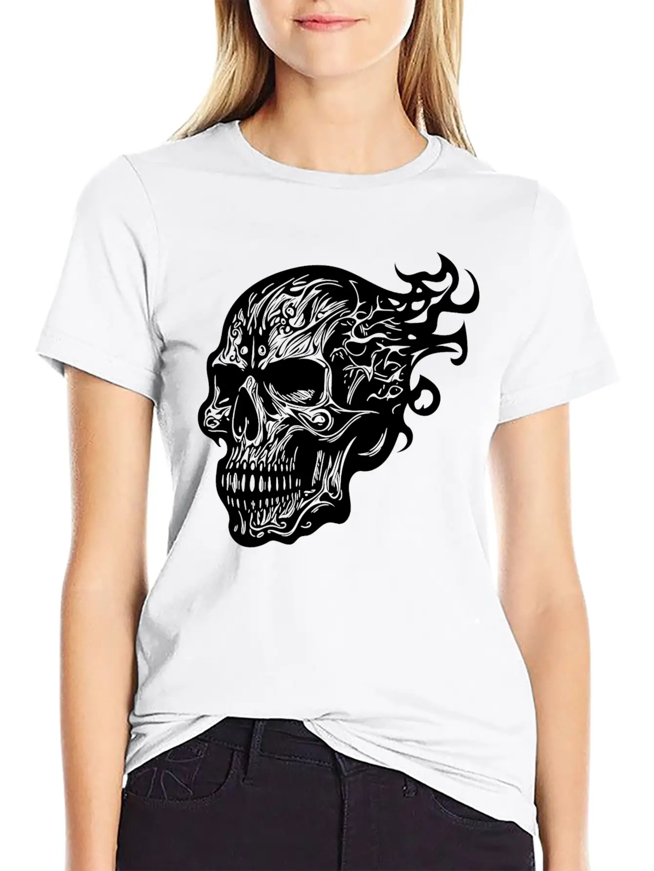 Flaming Tattoo Fire Skull Stylish Everyday T-Shirt – Unisex Basic Cotton Tee