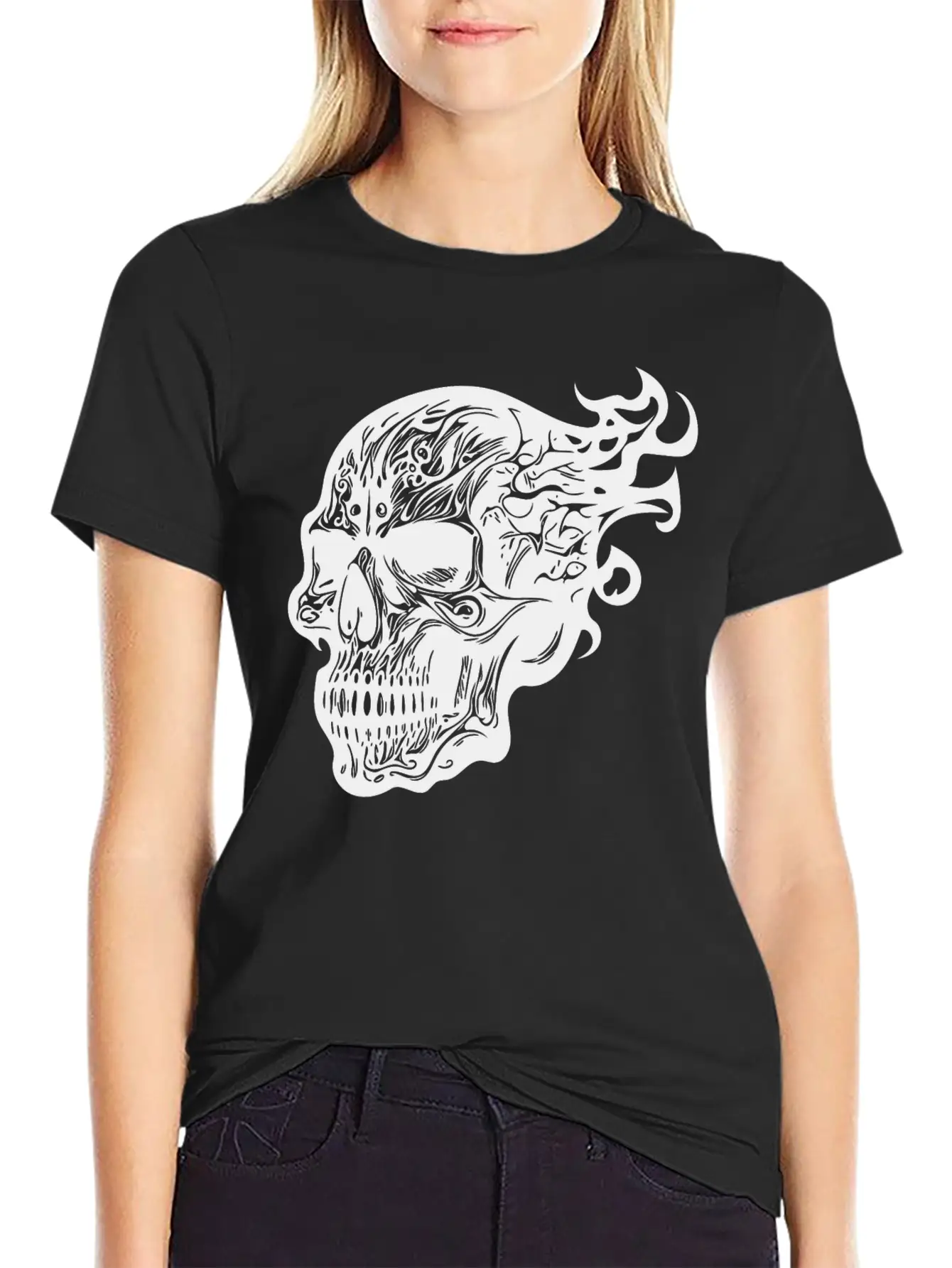 Flaming Tattoo Fire Skull Stylish Everyday T-Shirt – Unisex Basic Cotton Tee