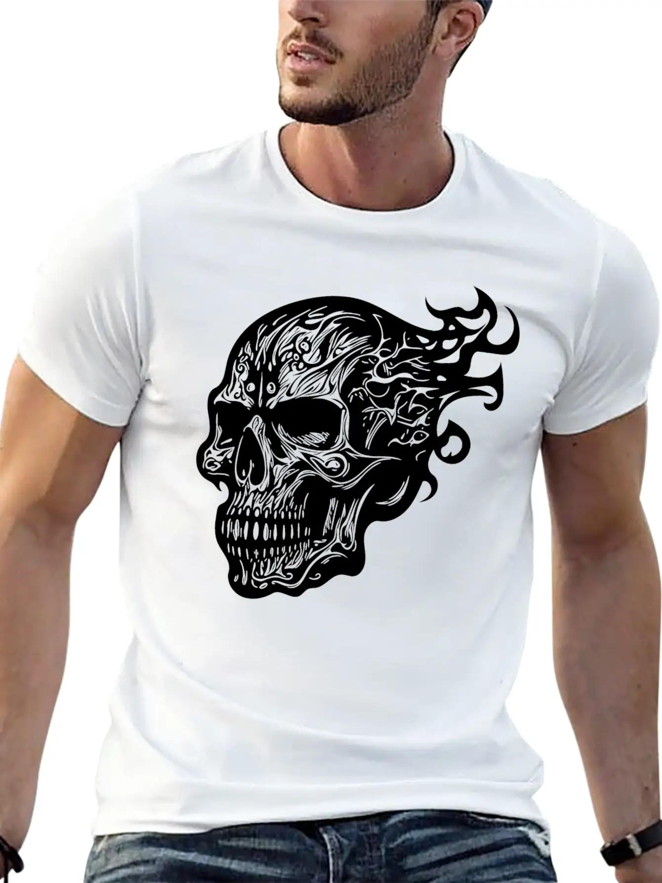 Flaming Tattoo Fire Skull Stylish Everyday T-Shirt – Unisex Basic Cotton Tee