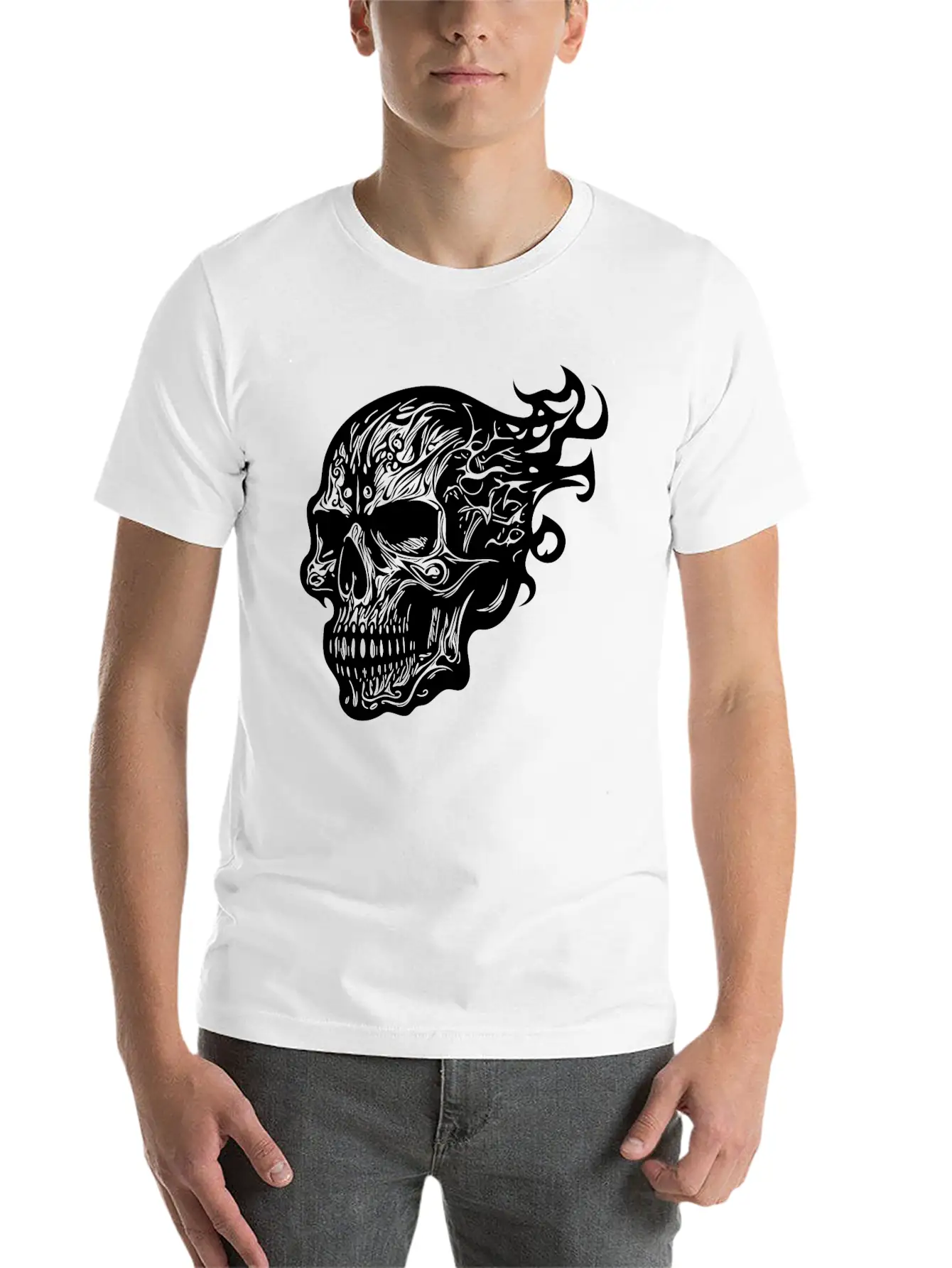 Flaming Tattoo Fire Skull Stylish Everyday T-Shirt – Unisex Basic Cotton Tee