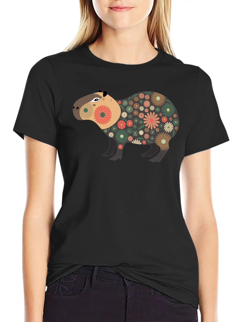 Floral Capybara With Flowers Unisex Short Sleeve Soft Cotton T-Shirt – Casual Everyday Wear