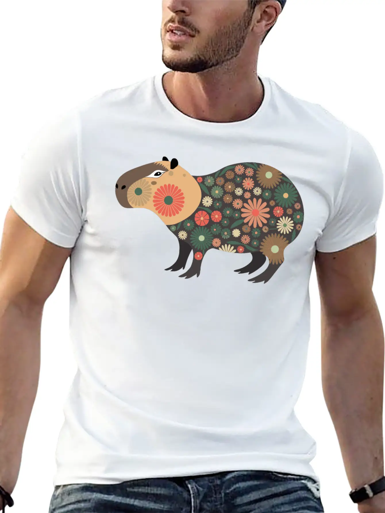Floral Capybara With Flowers Unisex Short Sleeve Soft Cotton T-Shirt – Casual Everyday Wear