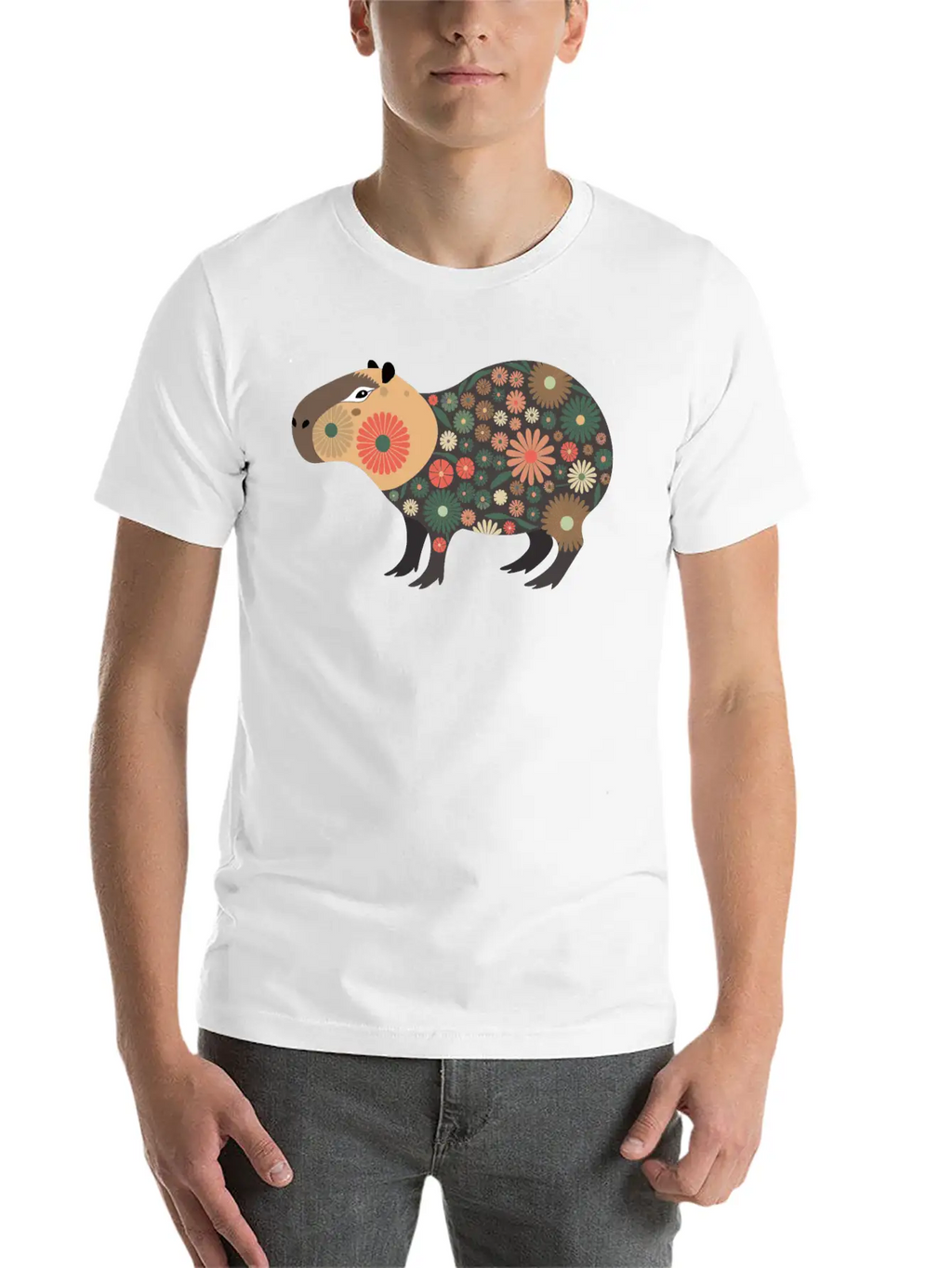 Floral Capybara With Flowers Unisex Short Sleeve Soft Cotton T-Shirt – Casual Everyday Wear