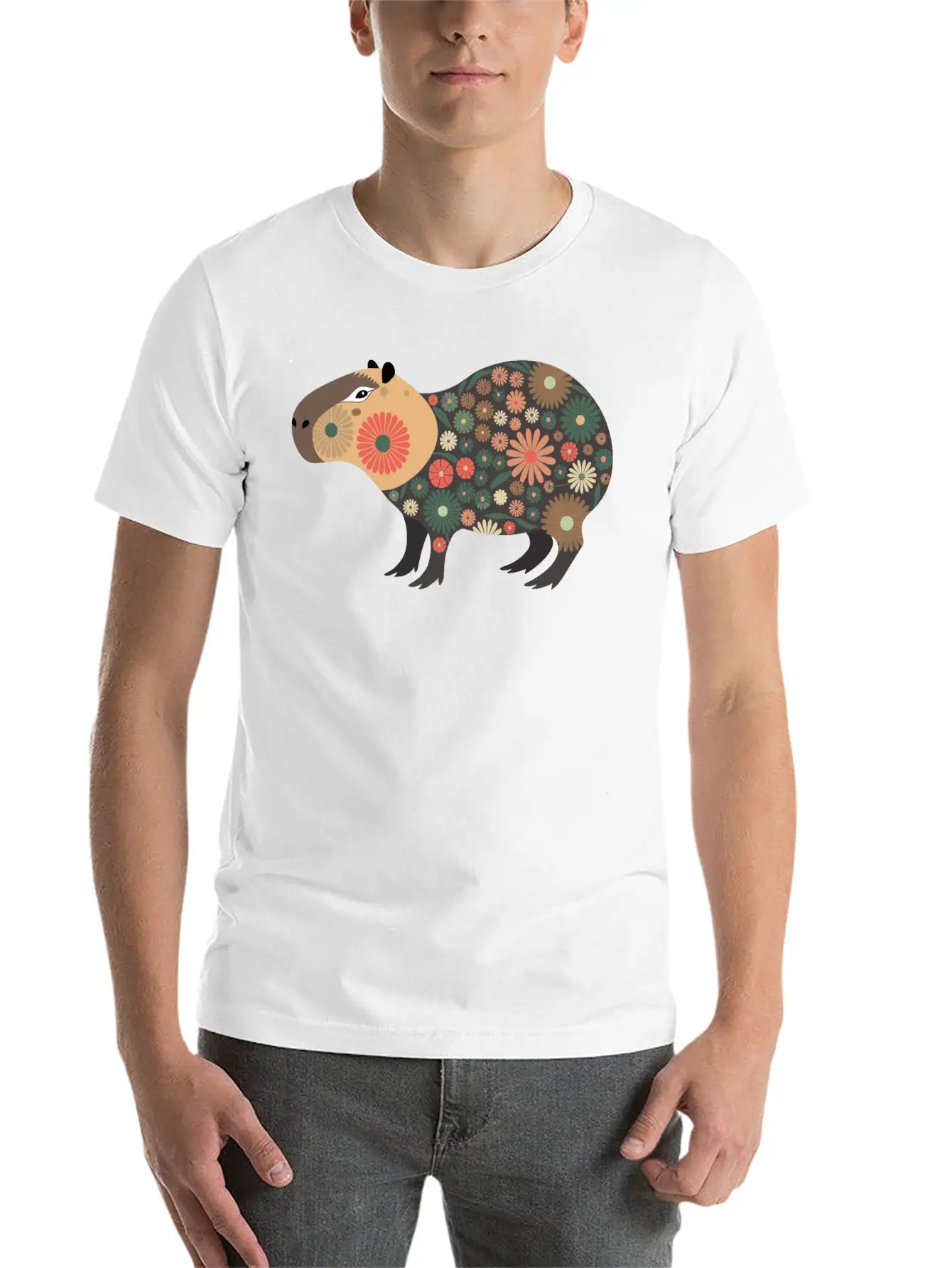 Floral Capybara With Flowers Unisex Short Sleeve Soft Cotton T-Shirt – Casual Everyday Wear