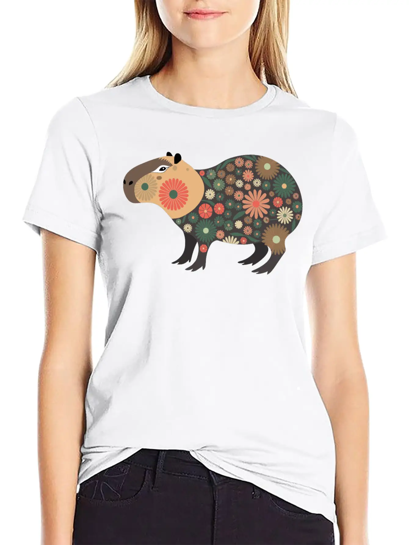 Floral Capybara With Flowers Unisex Short Sleeve Soft Cotton T-Shirt – Casual Everyday Wear