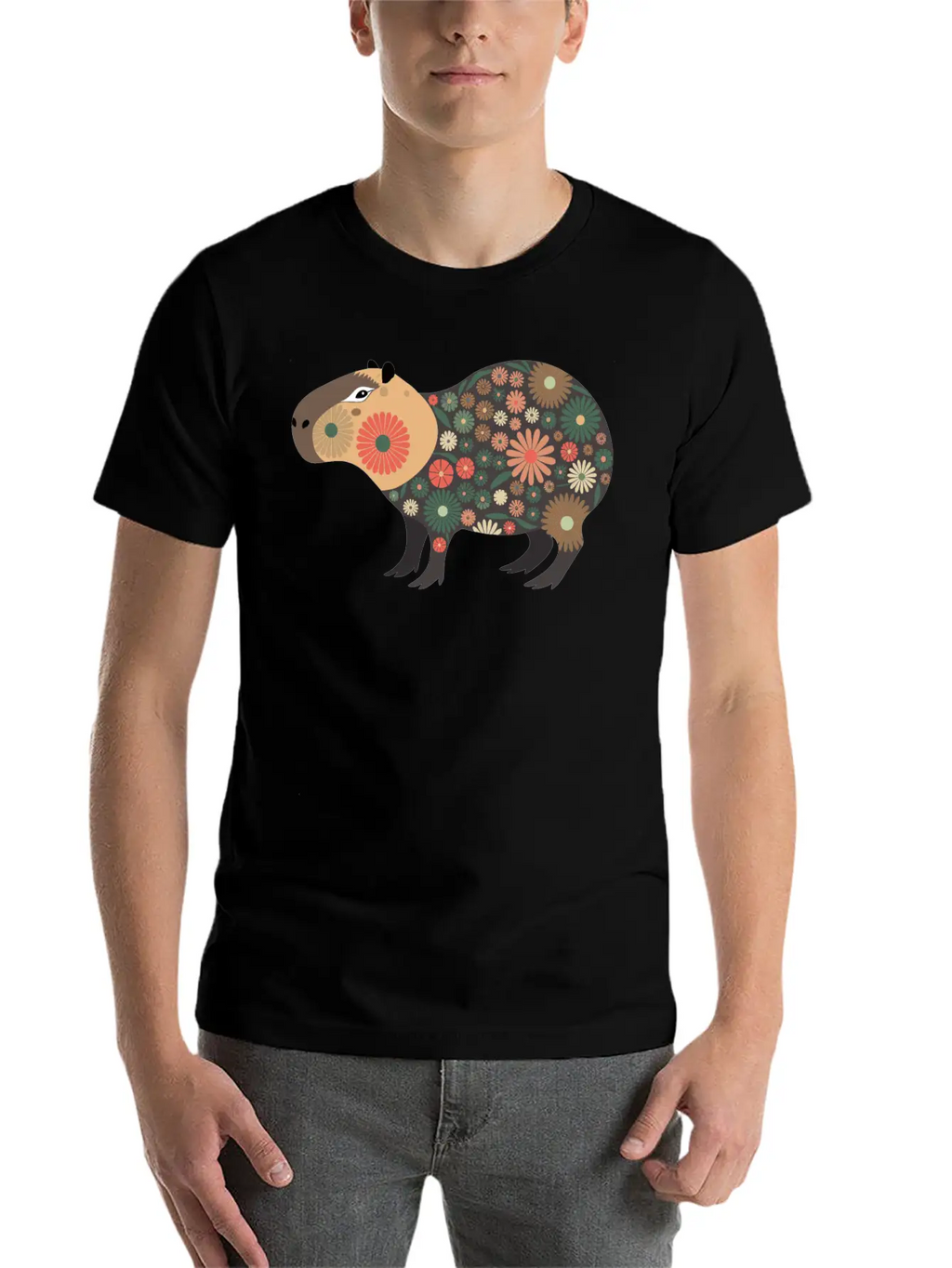 Floral Capybara With Flowers Unisex Short Sleeve Soft Cotton T-Shirt – Casual Everyday Wear