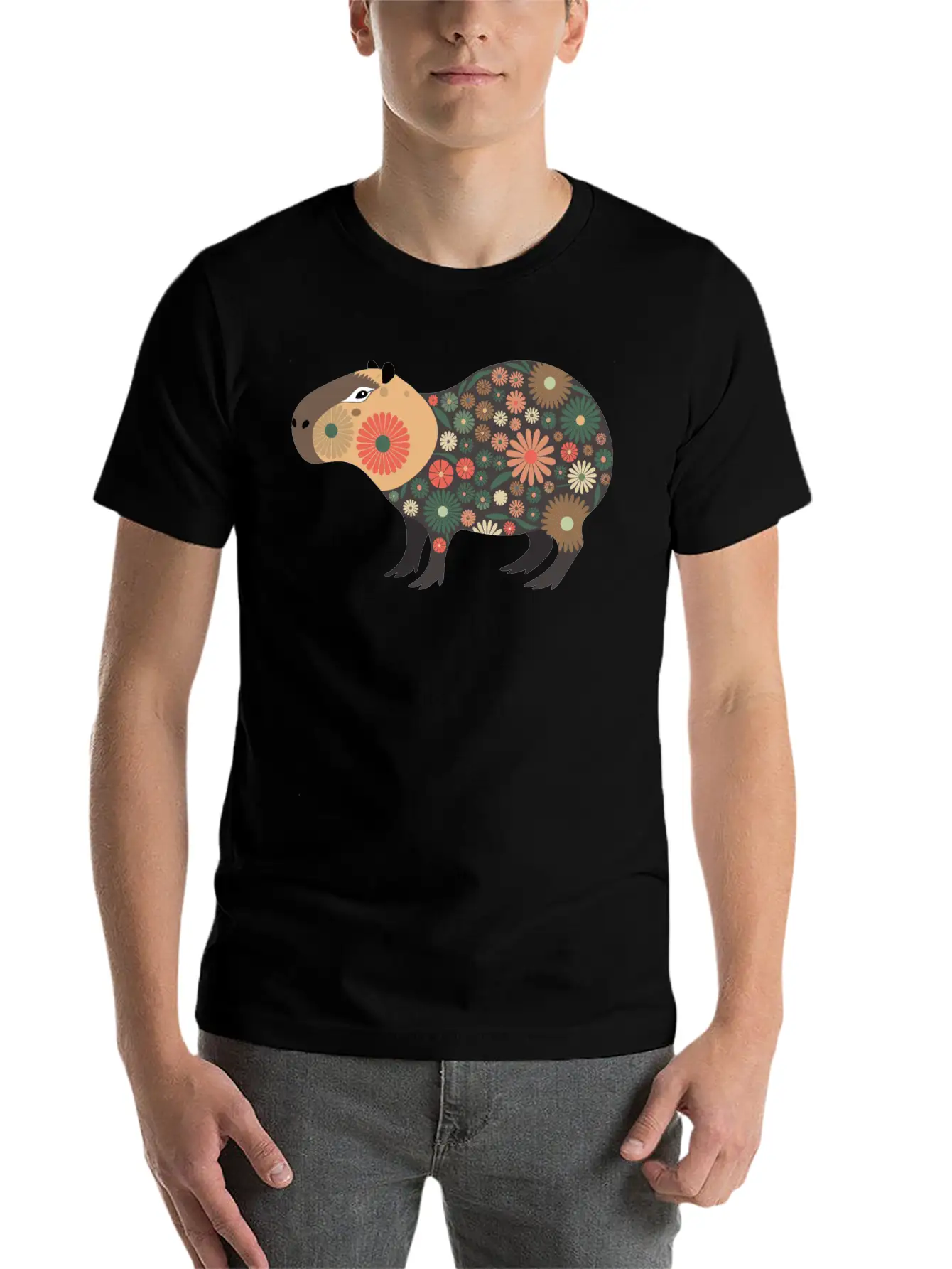 Floral Capybara With Flowers Unisex Short Sleeve Soft Cotton T-Shirt – Casual Everyday Wear