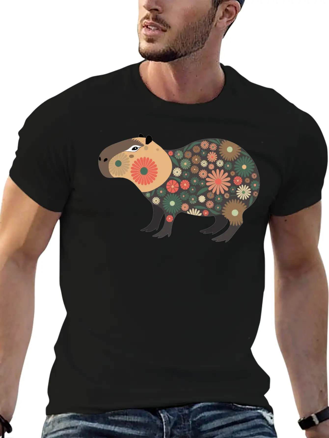 Floral Capybara With Flowers Unisex Short Sleeve Soft Cotton T-Shirt – Casual Everyday Wear