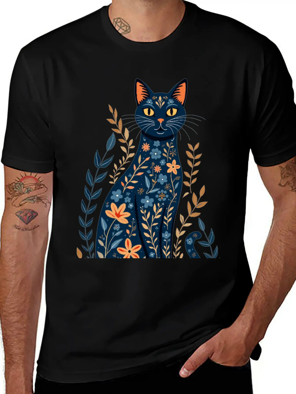 Floral Cat Essential Cotton Tee For Daily Outfits – Unisex Style