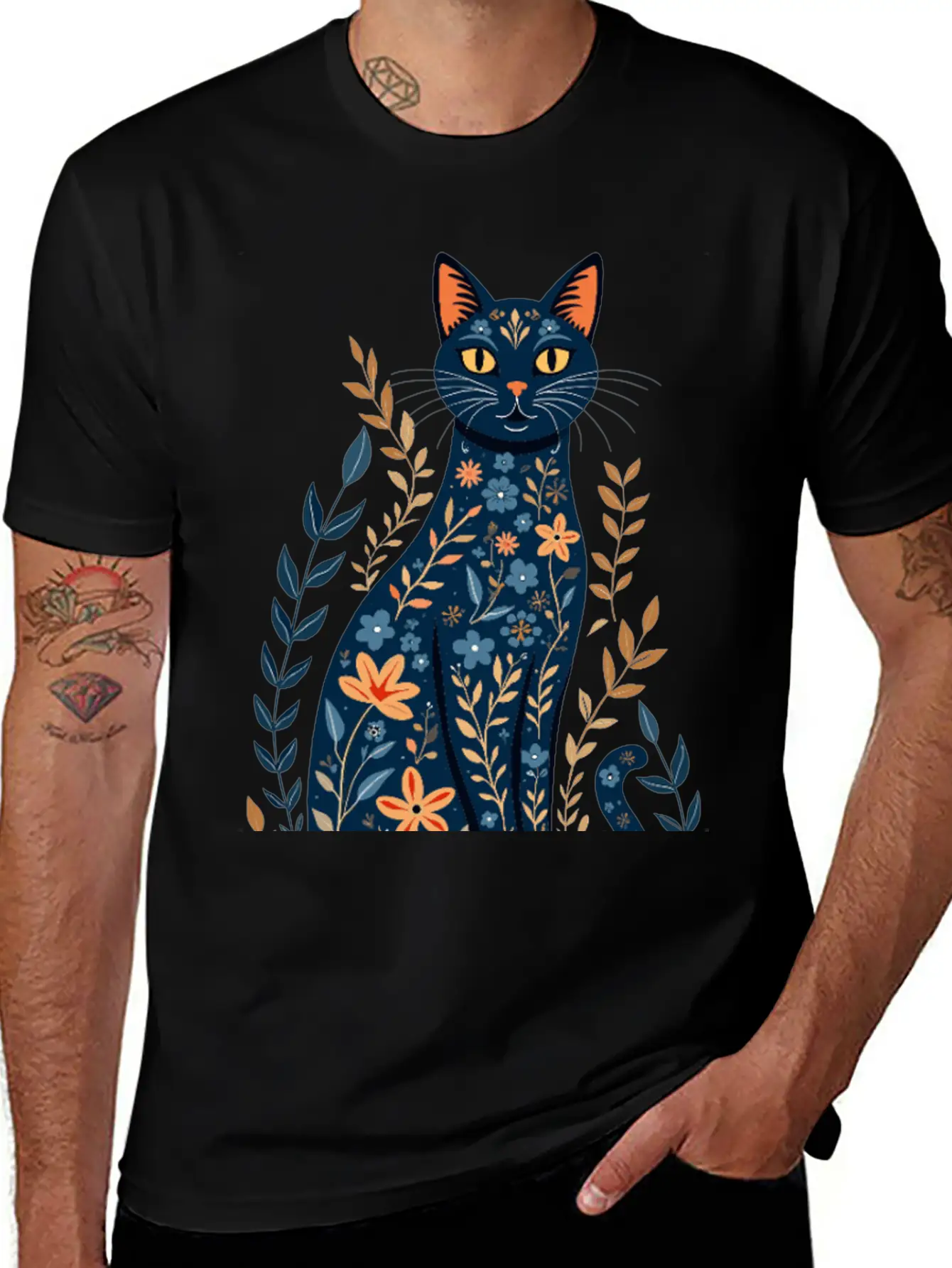 Floral Cat Essential Cotton Tee For Daily Outfits – Unisex Style