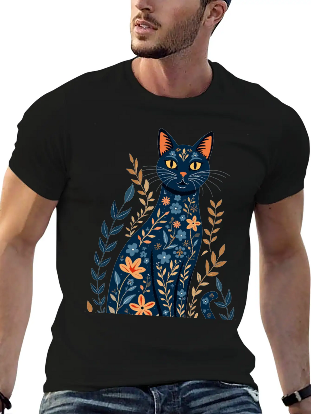 Floral Cat Essential Cotton Tee For Daily Outfits – Unisex Style