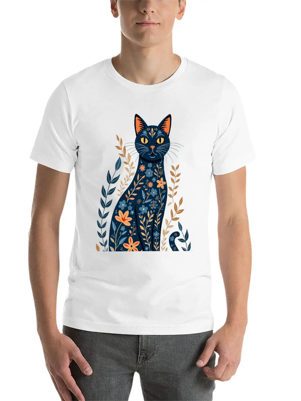 Floral Cat Essential Cotton Tee For Daily Outfits – Unisex Style