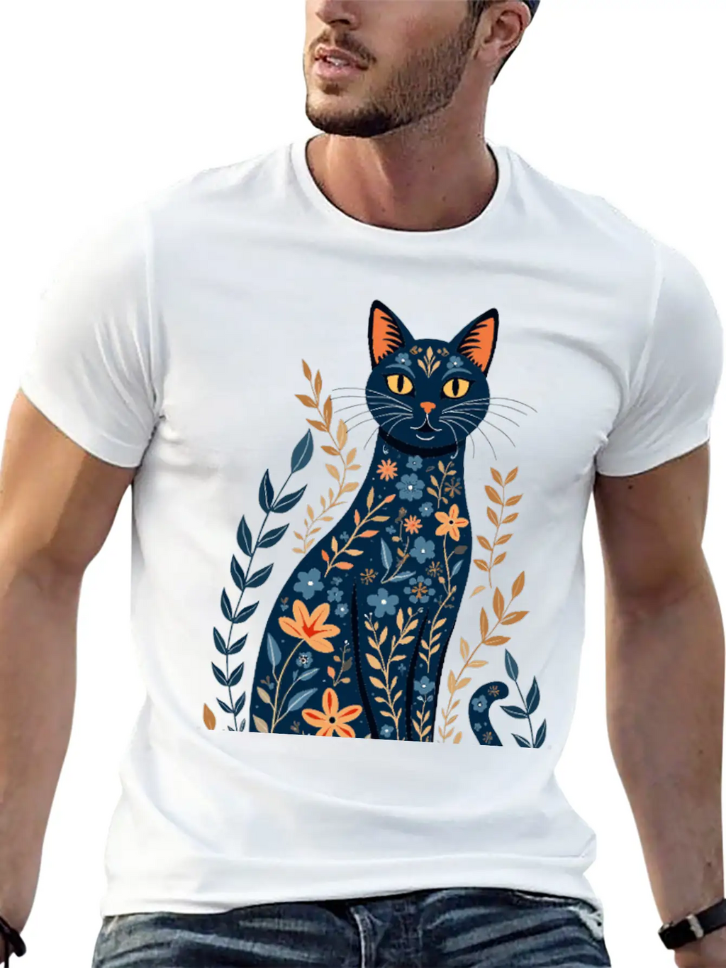 Floral Cat Essential Cotton Tee For Daily Outfits – Unisex Style