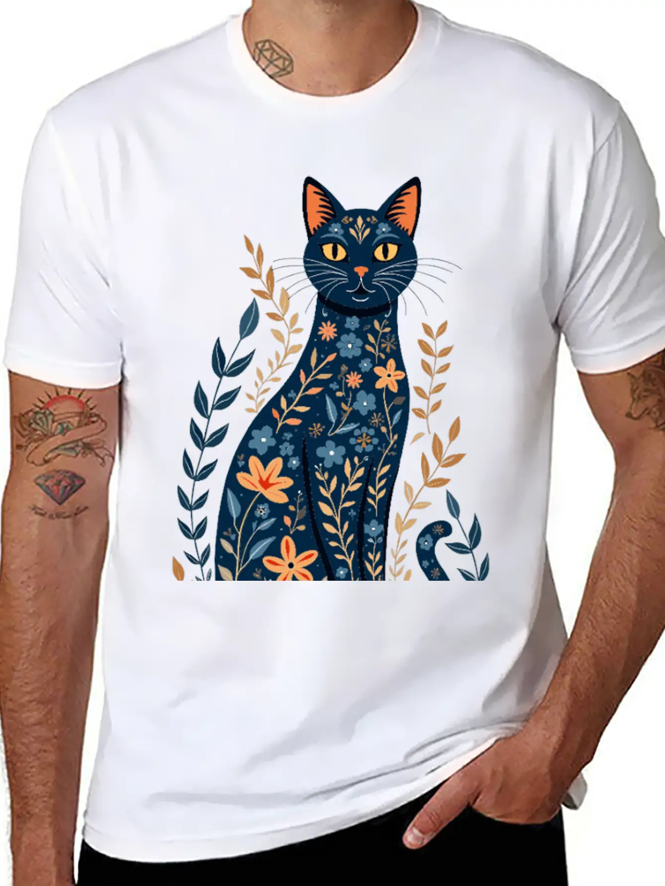 Floral Cat Essential Cotton Tee For Daily Outfits – Unisex Style