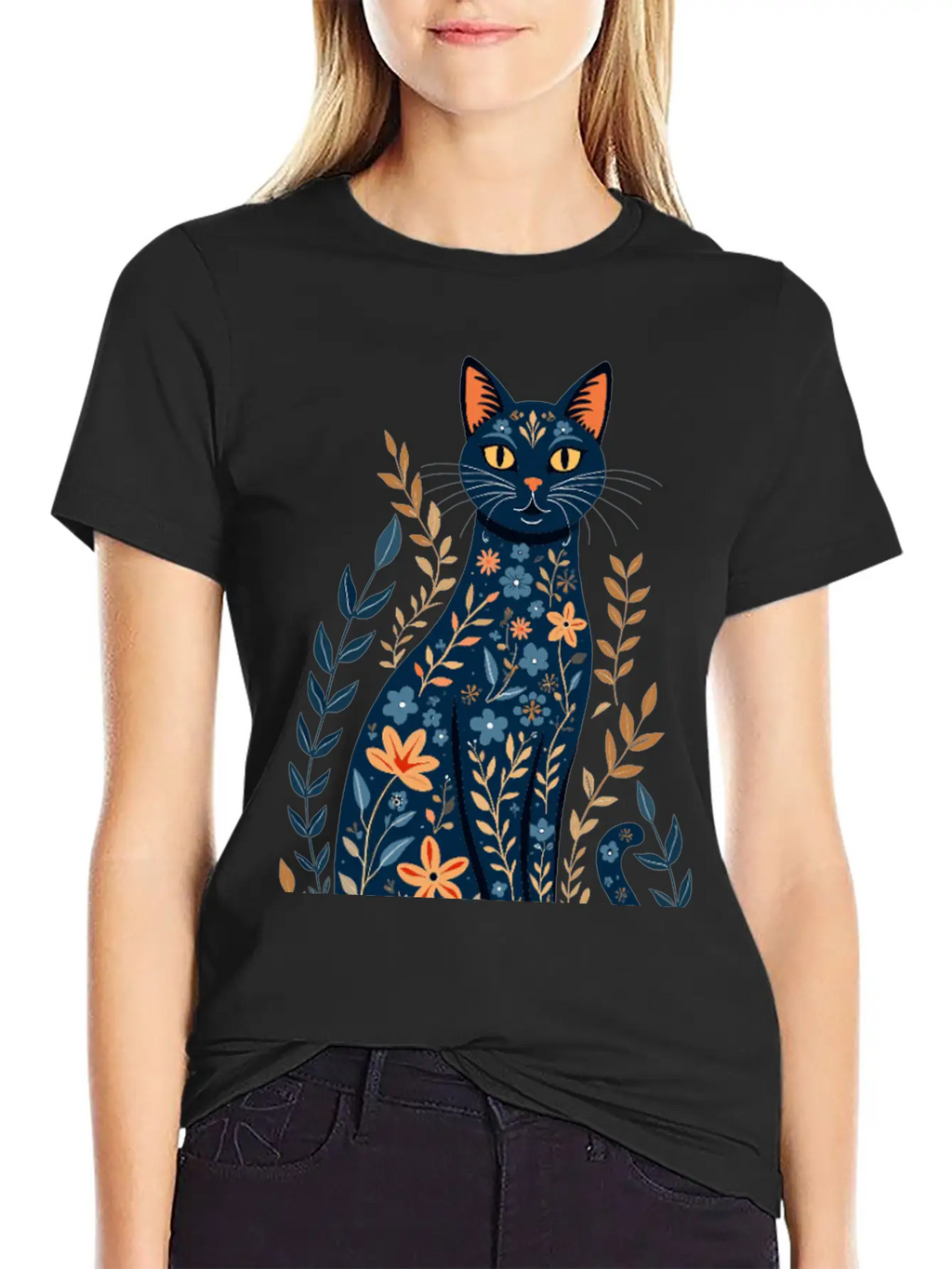 Floral Cat Essential Cotton Tee For Daily Outfits – Unisex Style