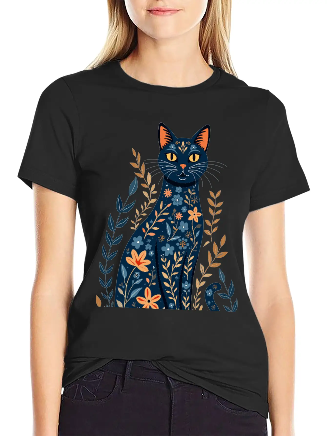 Floral Cat Essential Cotton Tee For Daily Outfits – Unisex Style