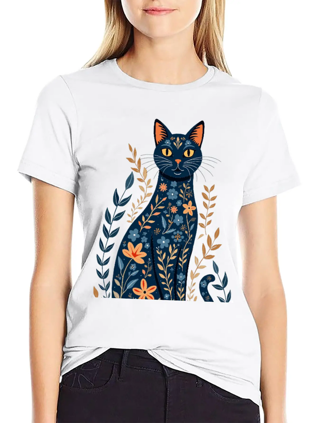 Floral Cat Essential Cotton Tee For Daily Outfits – Unisex Style