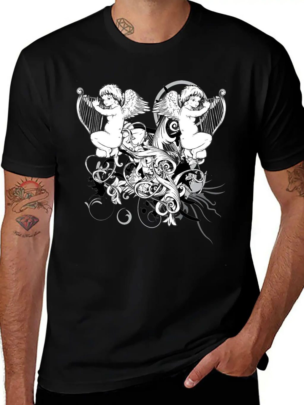 Floral Harp Angels Unisex Short Sleeve Soft Cotton T-Shirt – Casual Everyday Wear