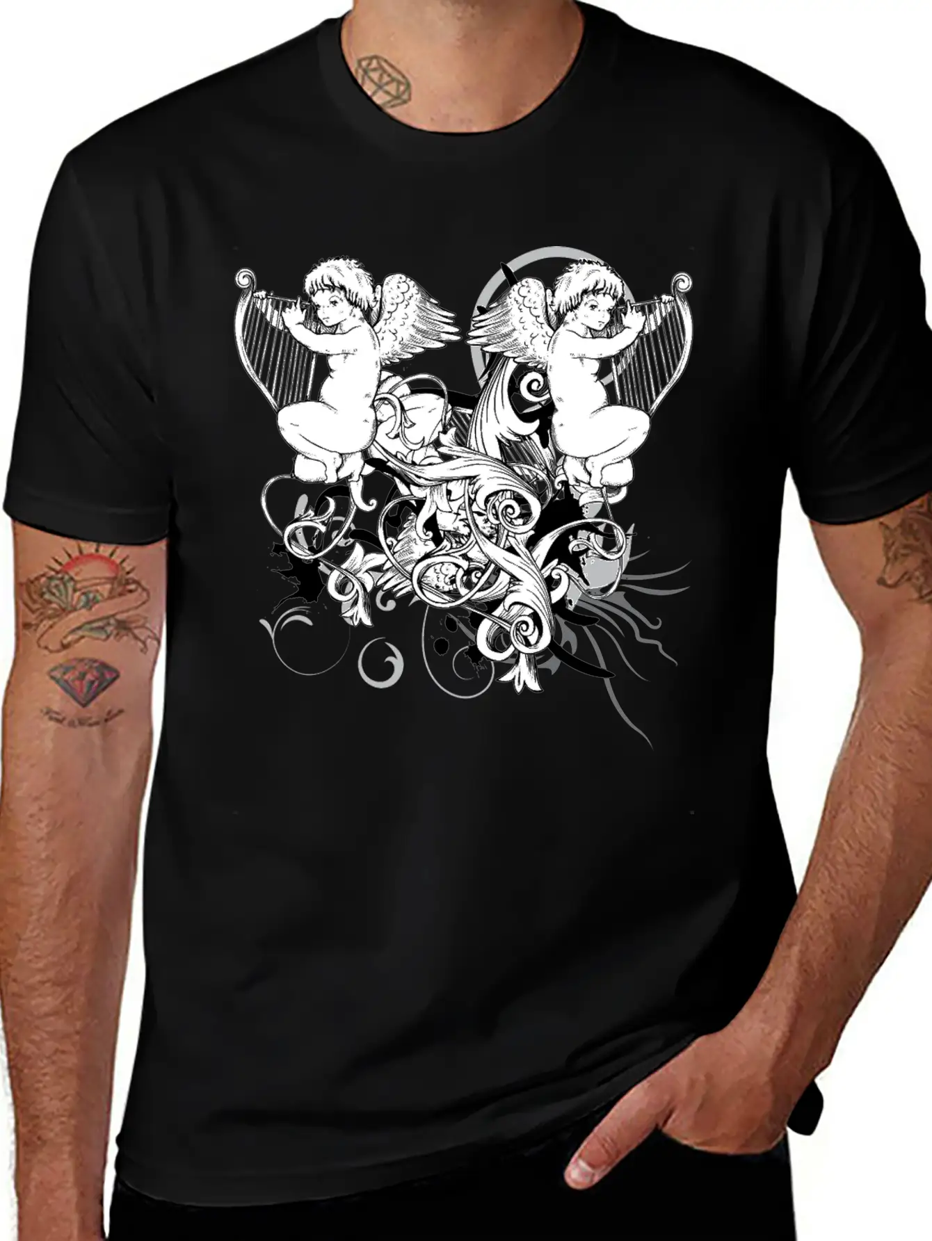 Floral Harp Angels Unisex Short Sleeve Soft Cotton T-Shirt – Casual Everyday Wear