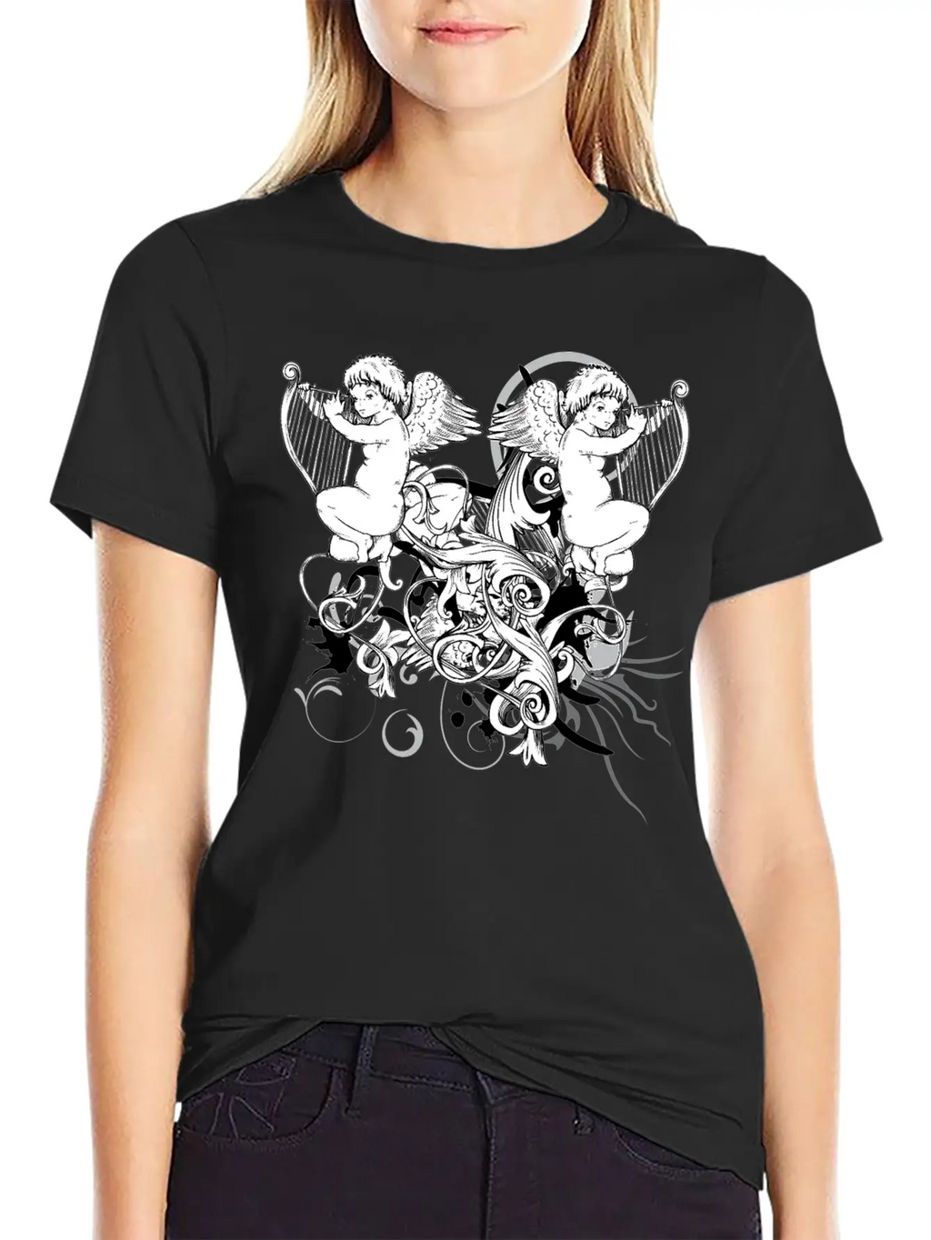 Floral Harp Angels Unisex Short Sleeve Soft Cotton T-Shirt – Casual Everyday Wear