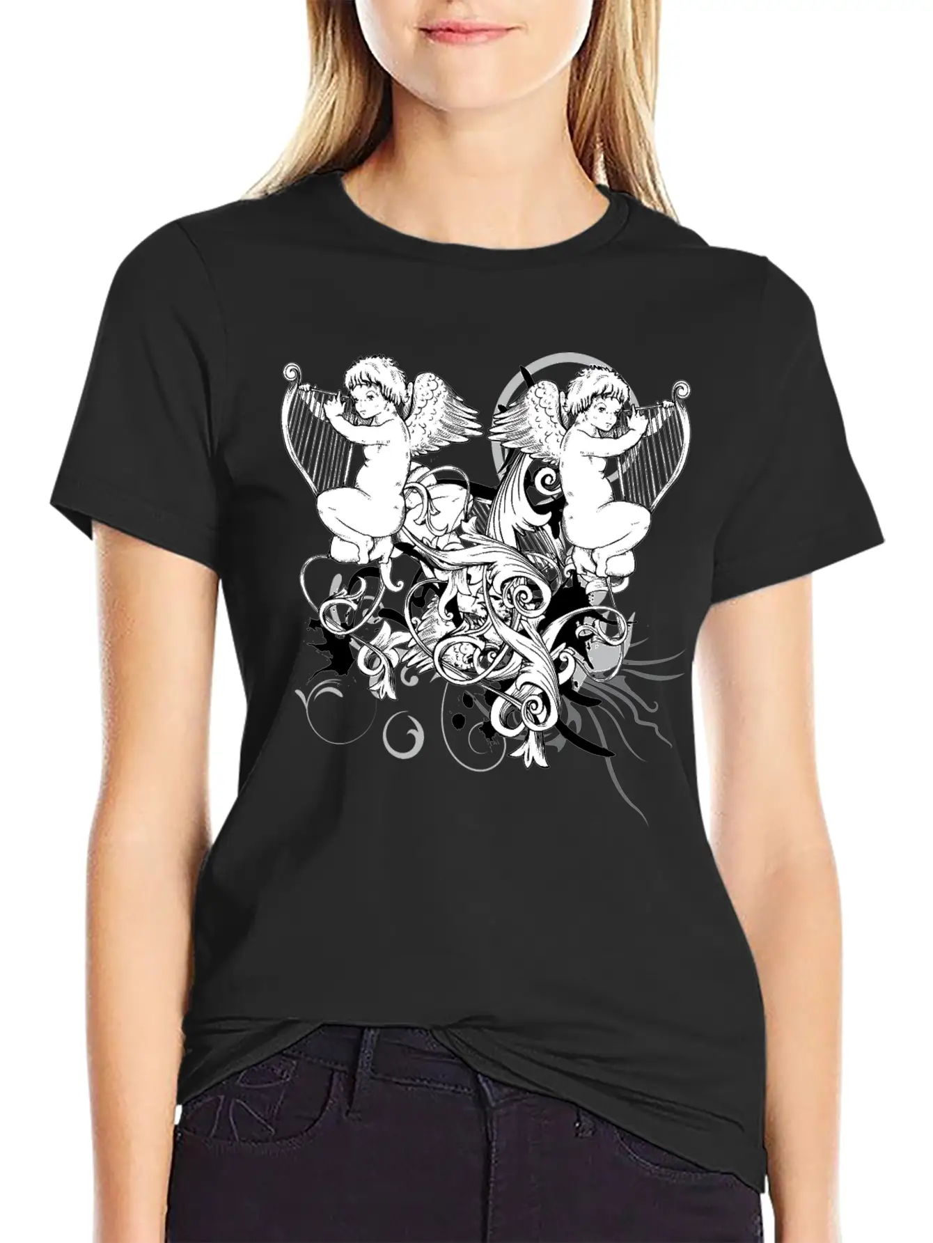 Floral Harp Angels Unisex Short Sleeve Soft Cotton T-Shirt – Casual Everyday Wear