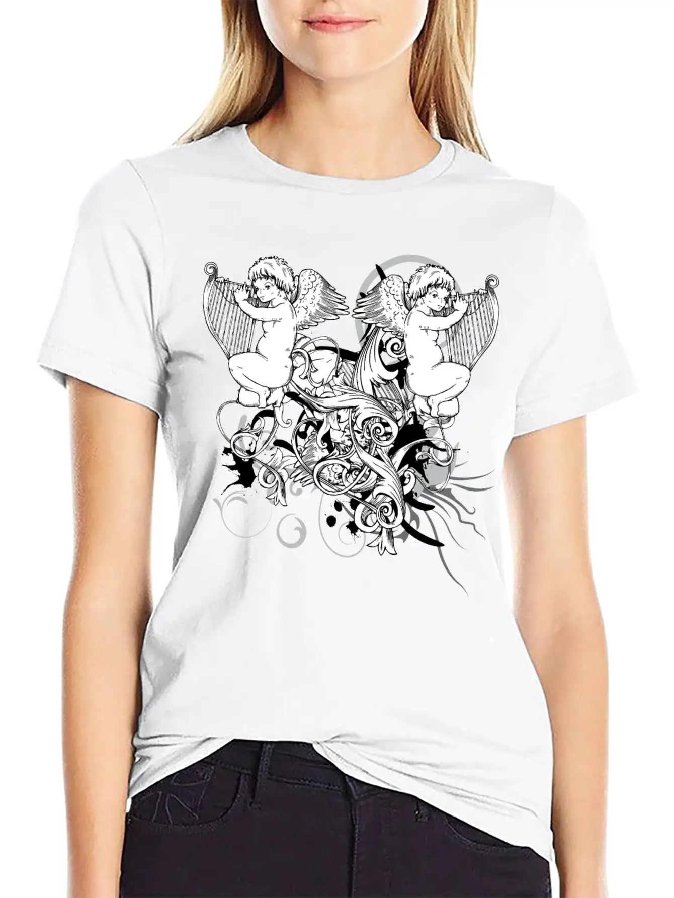 Floral Harp Angels Unisex Short Sleeve Soft Cotton T-Shirt – Casual Everyday Wear