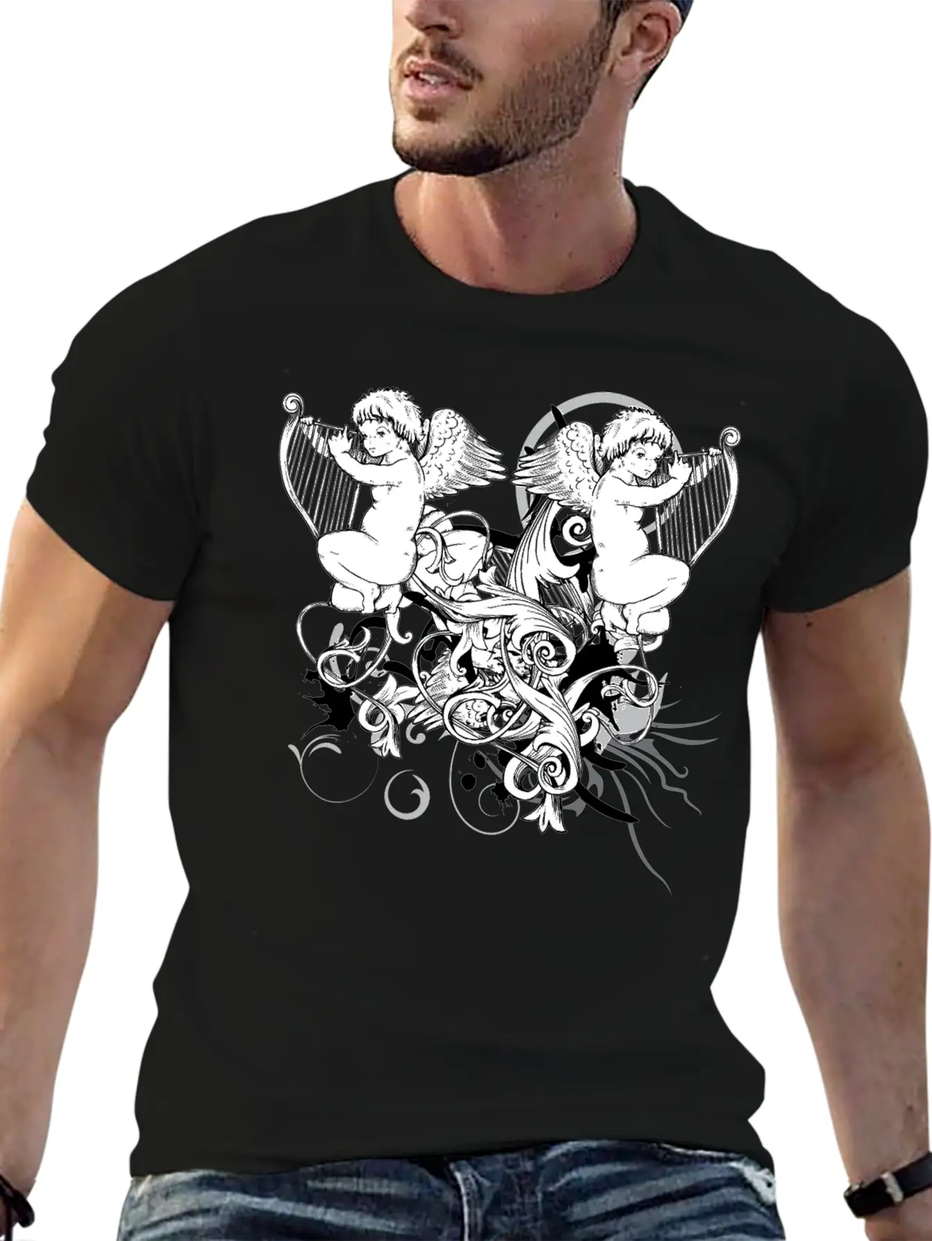 Floral Harp Angels Unisex Short Sleeve Soft Cotton T-Shirt – Casual Everyday Wear