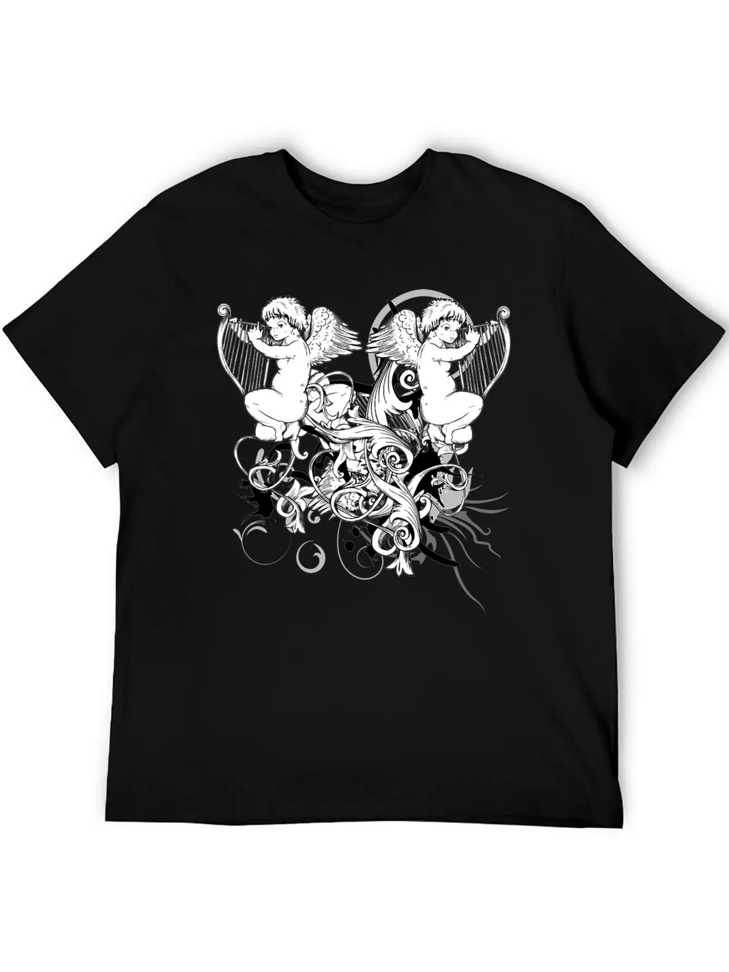 Floral Harp Angels Unisex Short Sleeve Soft Cotton T-Shirt – Casual Everyday Wear