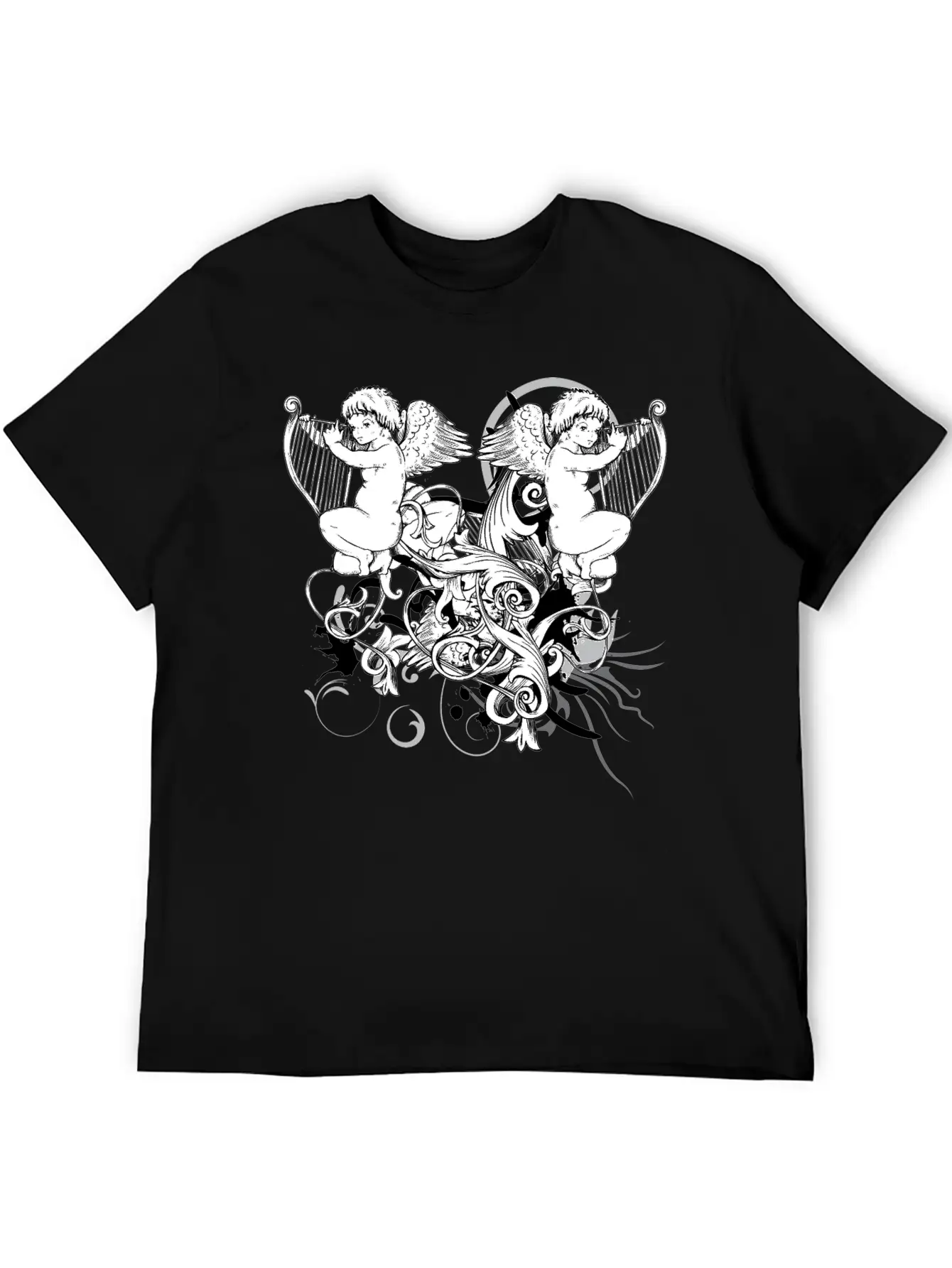 Floral Harp Angels Unisex Short Sleeve Soft Cotton T-Shirt – Casual Everyday Wear