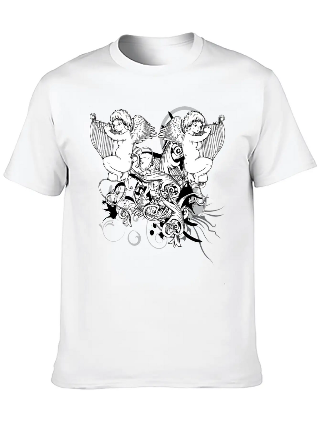 Floral Harp Angels Unisex Short Sleeve Soft Cotton T-Shirt – Casual Everyday Wear