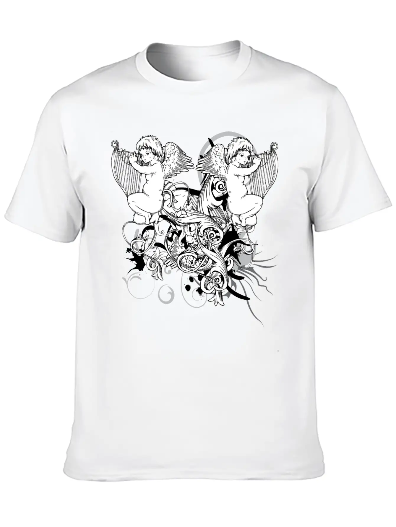 Floral Harp Angels Unisex Short Sleeve Soft Cotton T-Shirt – Casual Everyday Wear