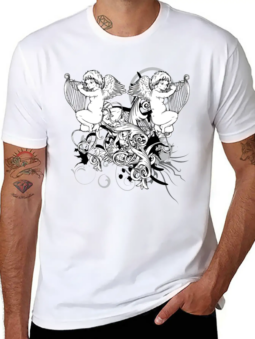 Floral Harp Angels Unisex Short Sleeve Soft Cotton T-Shirt – Casual Everyday Wear