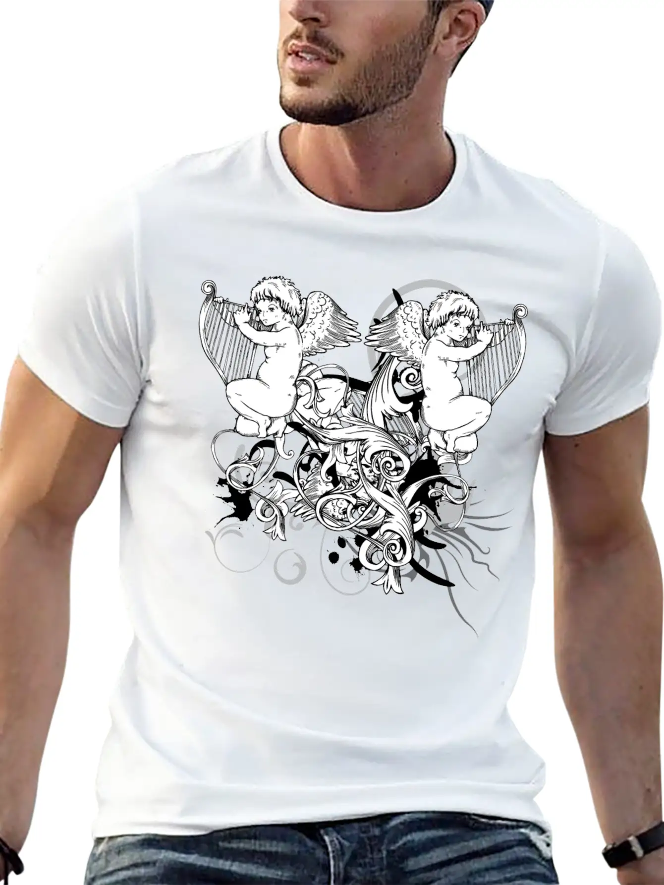 Floral Harp Angels Unisex Short Sleeve Soft Cotton T-Shirt – Casual Everyday Wear