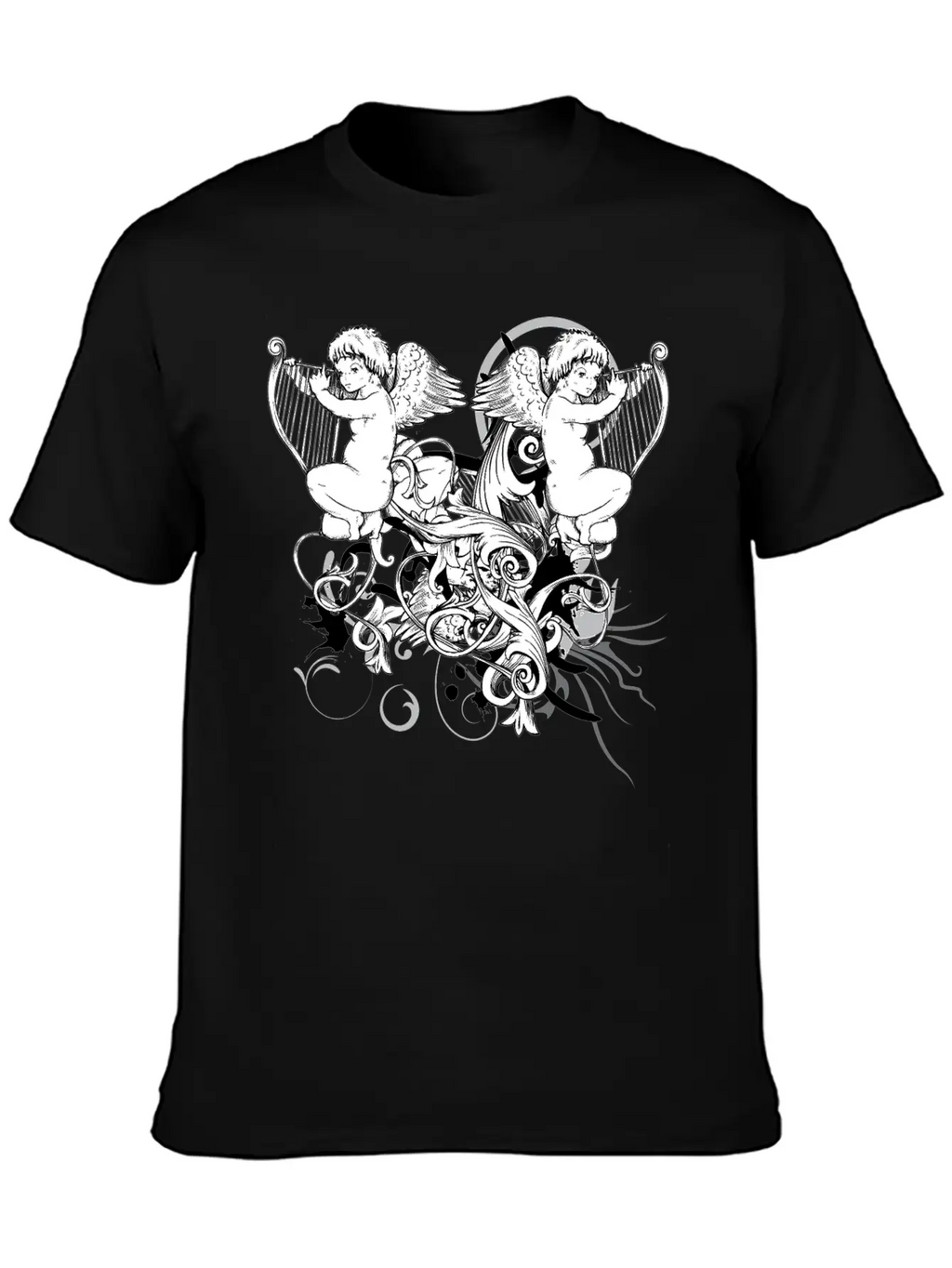 Floral Harp Angels Unisex Short Sleeve Soft Cotton T-Shirt – Casual Everyday Wear