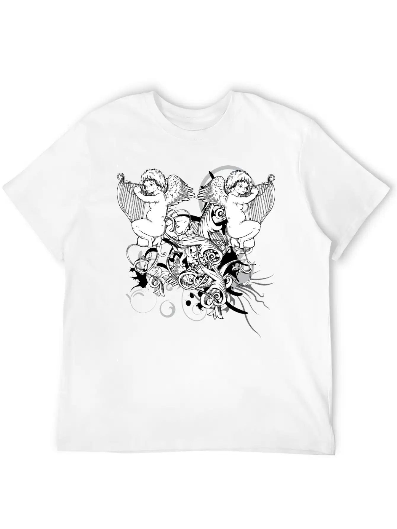 Floral Harp Angels Unisex Short Sleeve Soft Cotton T-Shirt – Casual Everyday Wear