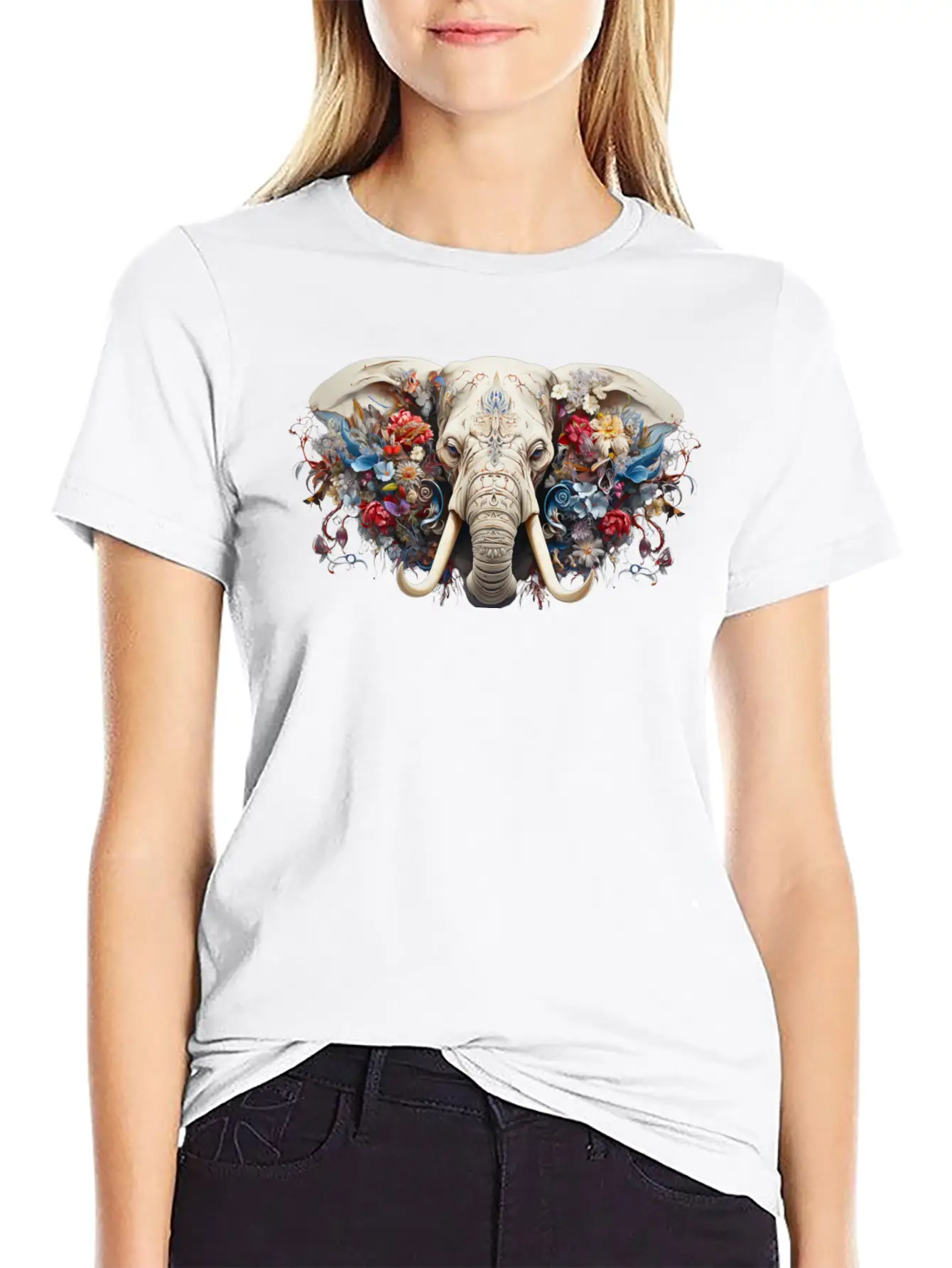 Floral Majesty: The Elephant's Crown Stylish Everyday T-Shirt – Unisex Basic Cotton Tee