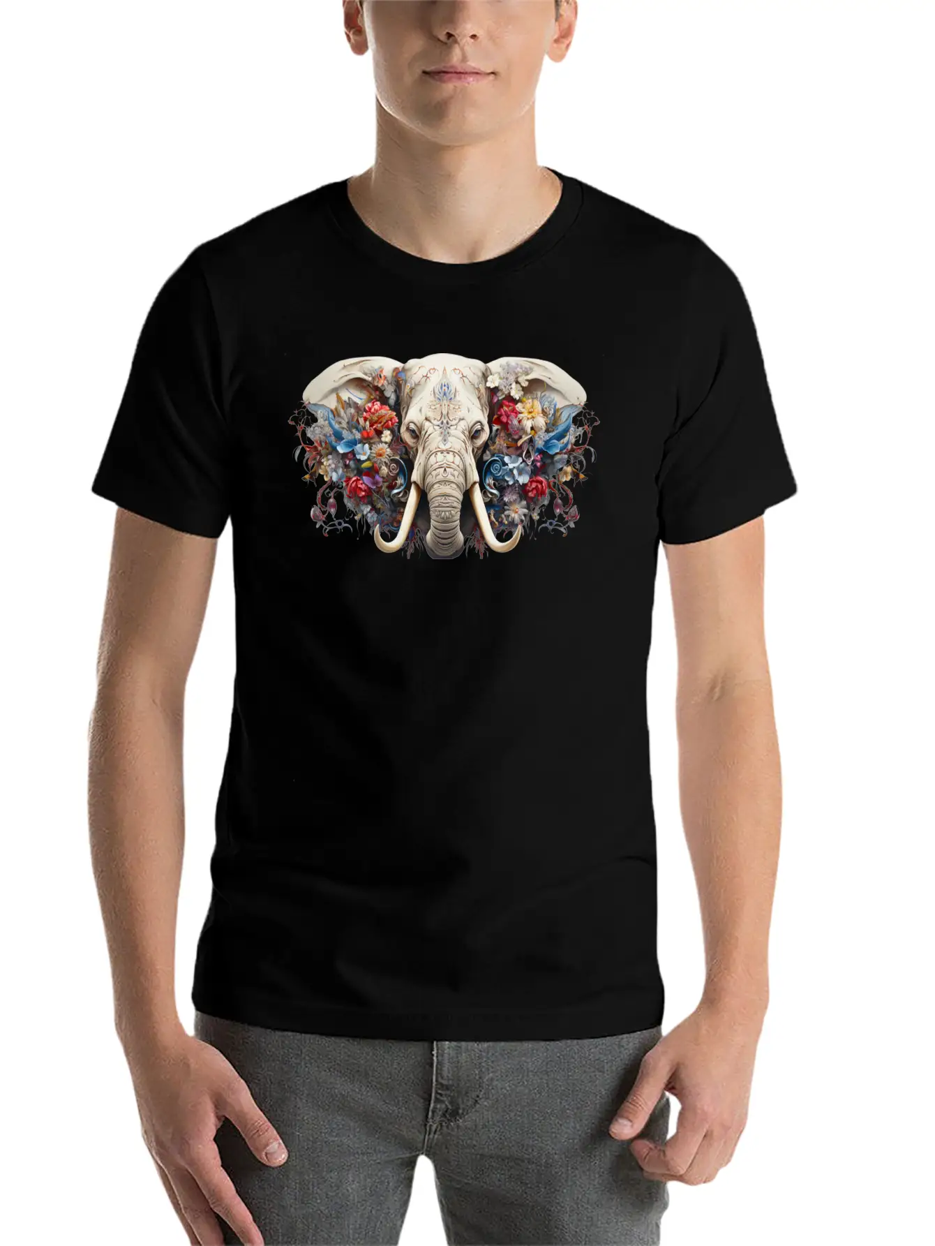 Floral Majesty: The Elephant's Crown Stylish Everyday T-Shirt – Unisex Basic Cotton Tee