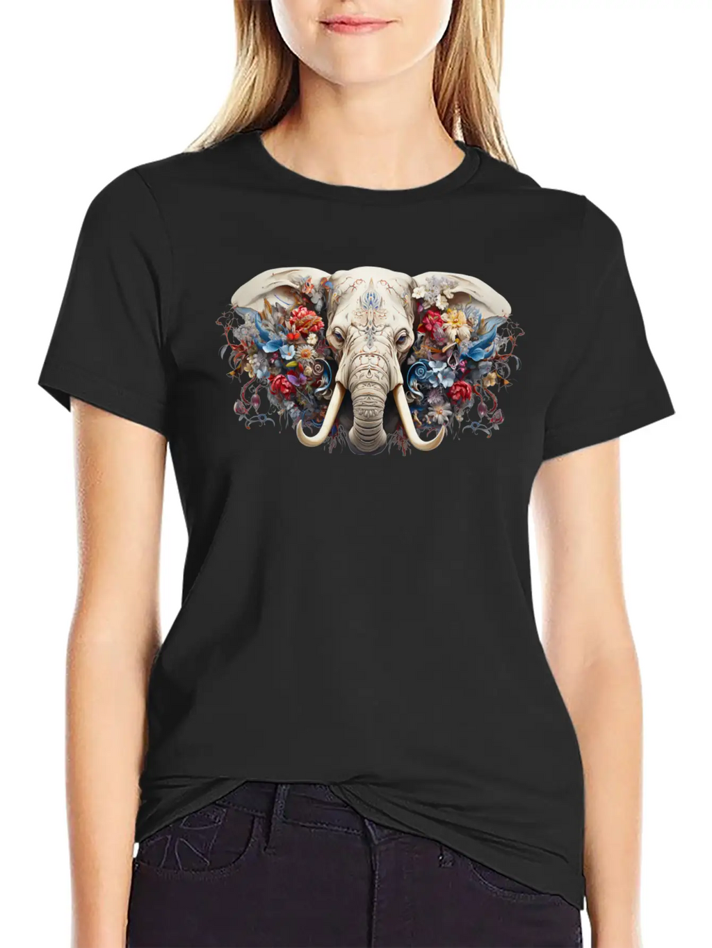 Floral Majesty: The Elephant's Crown Stylish Everyday T-Shirt – Unisex Basic Cotton Tee