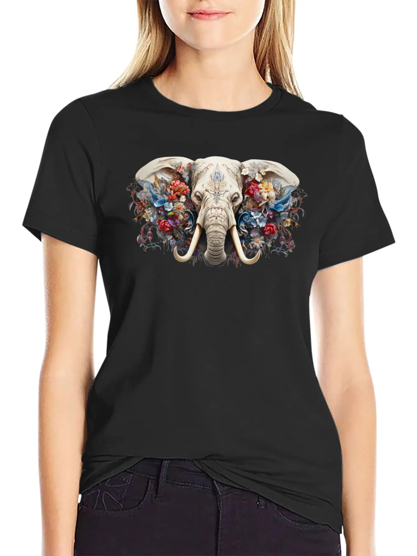 Floral Majesty: The Elephant's Crown Stylish Everyday T-Shirt – Unisex Basic Cotton Tee