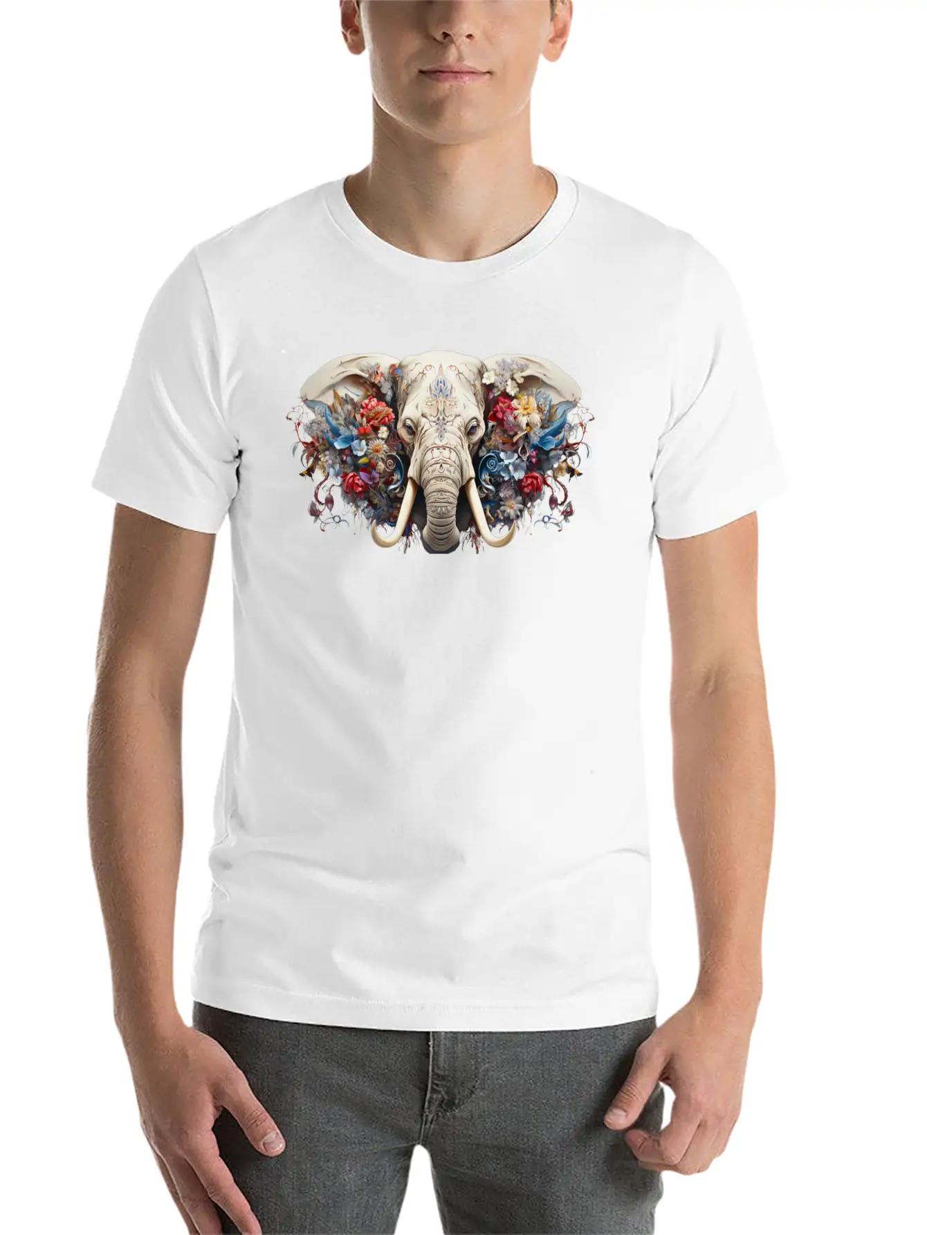 Floral Majesty: The Elephant's Crown Stylish Everyday T-Shirt – Unisex Basic Cotton Tee