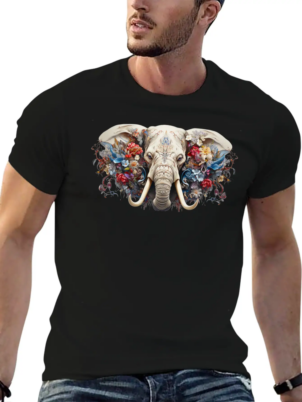 Floral Majesty: The Elephant's Crown Stylish Everyday T-Shirt – Unisex Basic Cotton Tee